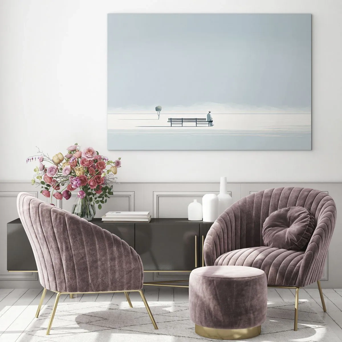 Billede på glas - En figur ved en bænk i et minimalistisk landskab - 70x50cm - Ja, jeg venter. - Moderne vægdekoration til stue og soveværelse ARTTOR