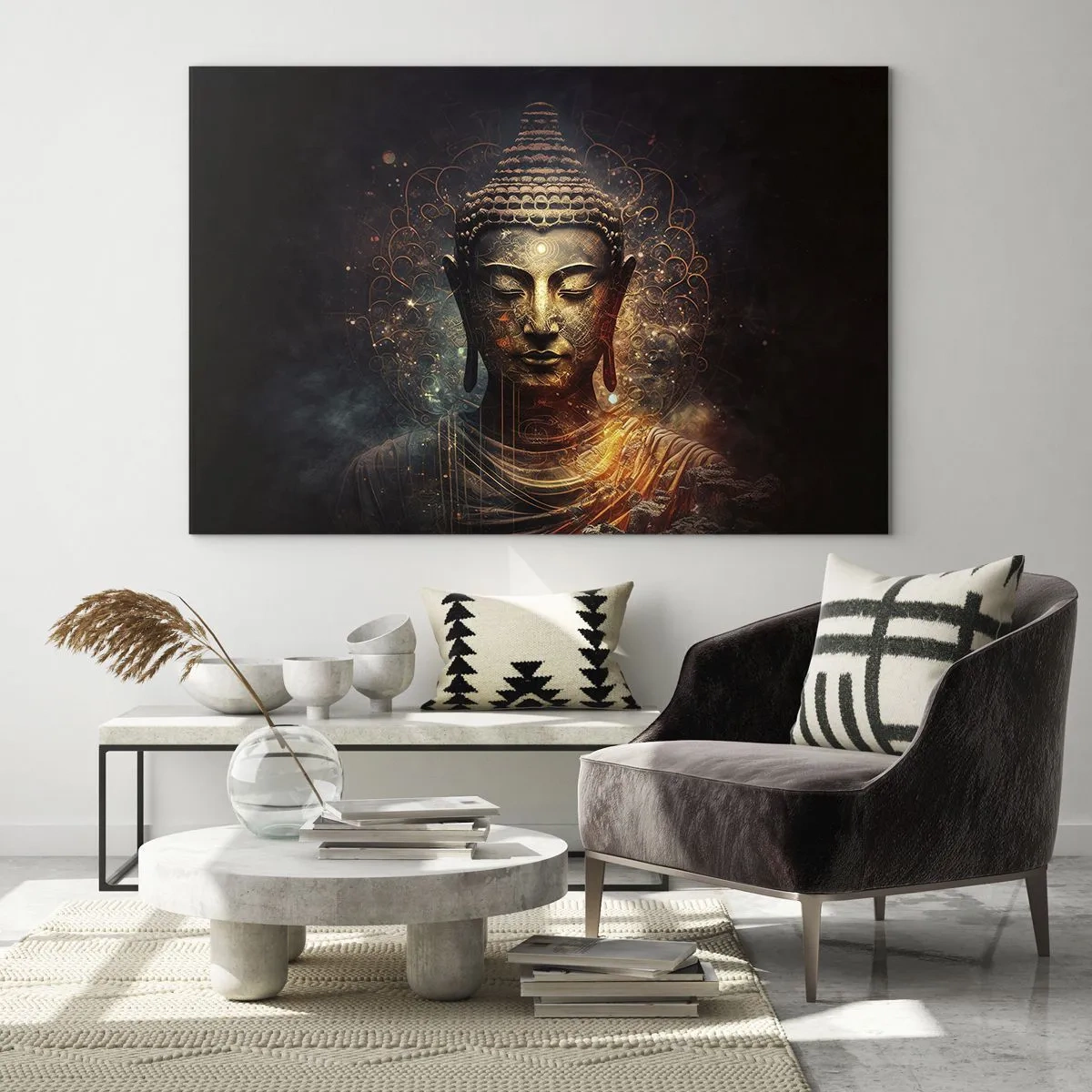 Billede på glas - En gylden figur af Buddha på en mørk baggrund med ornamenter - 70x50cm - Åndelig balance - Moderne vægdekoration til stue og soveværelse ARTTOR