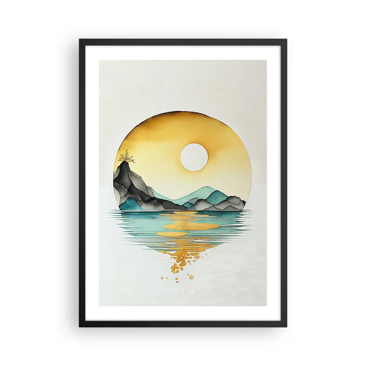 Plakat i sort ramme - Et minimalistisk landskab af bjerge over vand i gyldne farver - 50x70cm - I en cirkel af skønhed - Moderne vægdekoration til stue og soveværelse ARTTOR