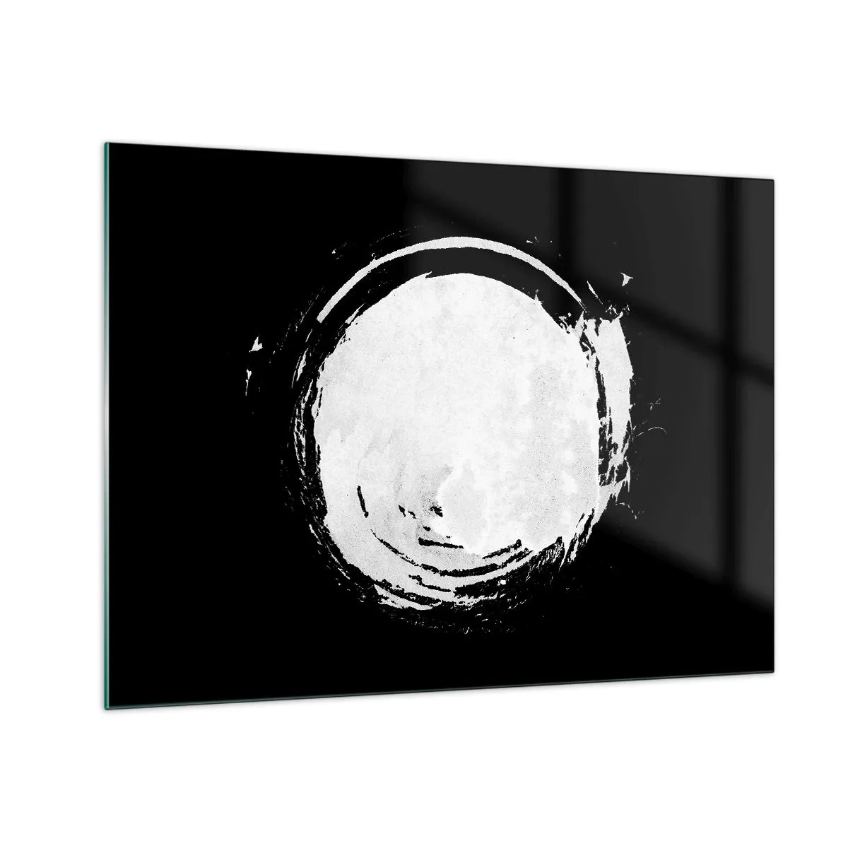 Billede på glas - Hvid abstrakt cirkel på en sort baggrund - 70x50cm - Den gode vej ud - Moderne vægdekoration til stue og soveværelse ARTTOR