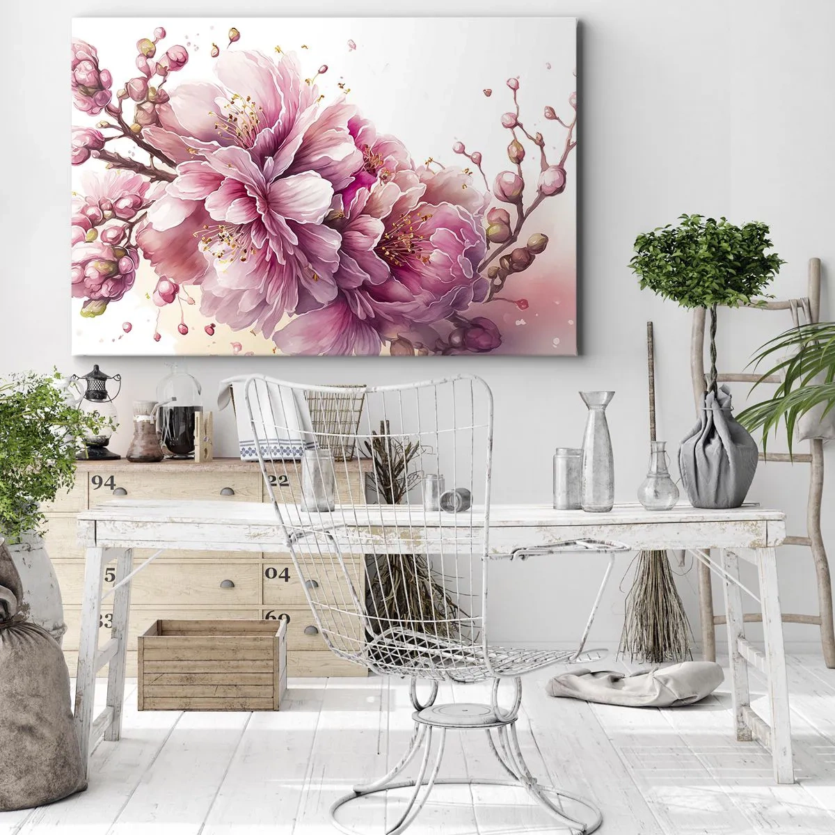 Lærredstryk - Billede på lærred - Fine kirsebærblomster i fuldt flor mod en lys baggrund - 70x50cm - Kirsebærblomst - Moderne vægdekoration til stue og soveværelse ARTTOR