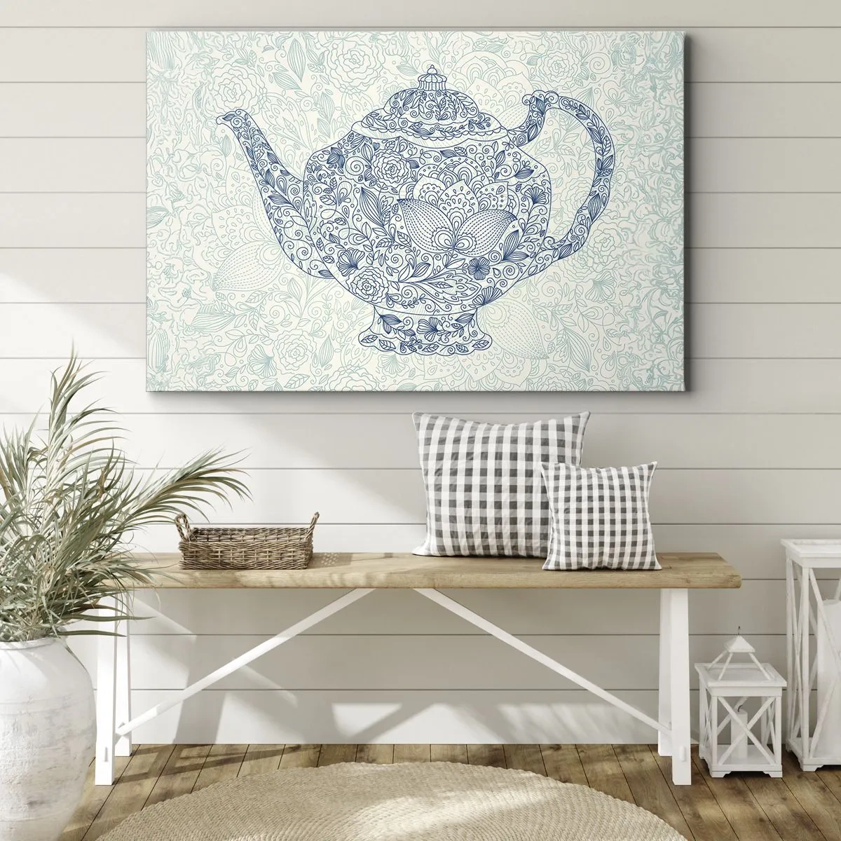 Lærredstryk - Billede på lærred - Dekorativ tegning af en tekande med blå ornamenter - 70x50cm - Teens charme - Moderne vægdekoration til stue og soveværelse ARTTOR