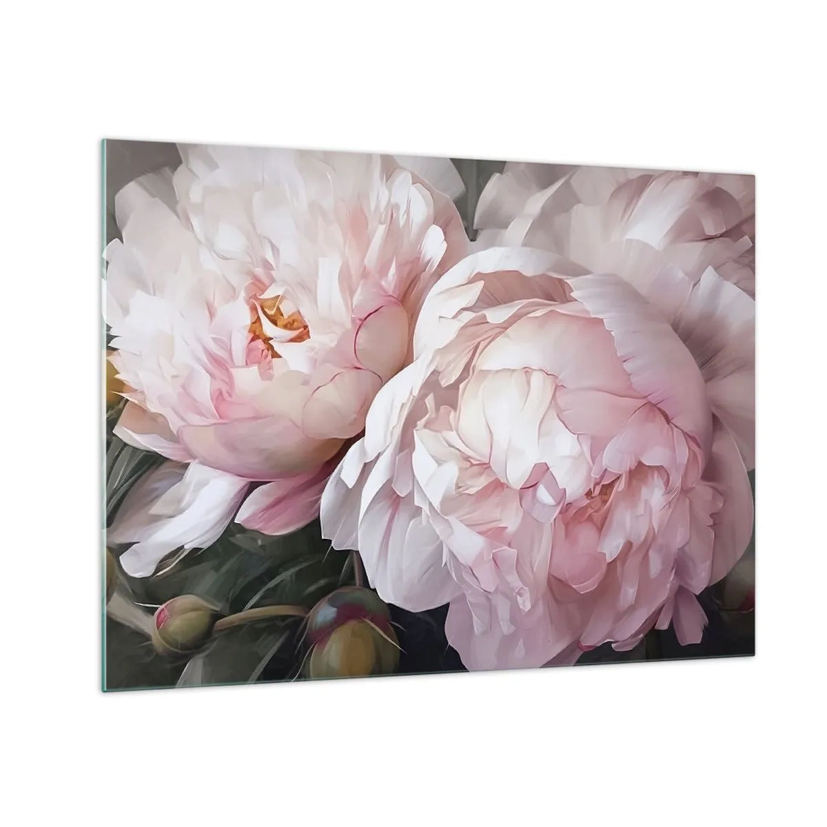 Billede på glas - Delikate pæoner i en lyserød nuance i nærbillede - 70x50cm - Fastlåst i blomstring - Moderne vægdekoration til stue og soveværelse ARTTOR