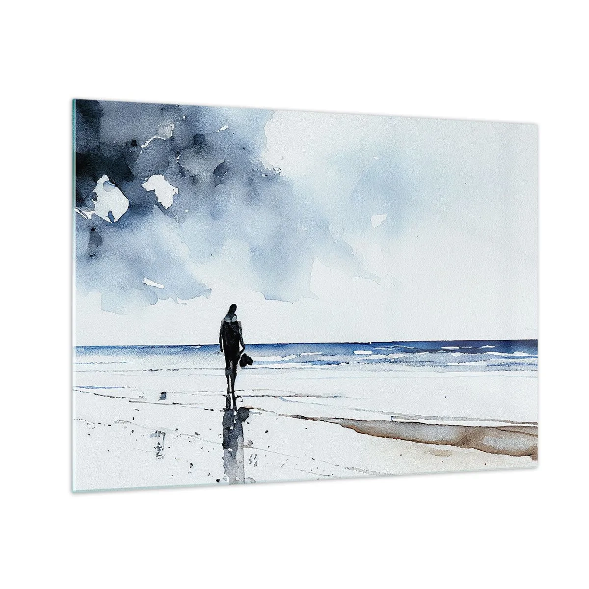 Billede på glas - Silhuet af en person på kysten i delikat akvarel - 70x50cm - Samtale med havet - Moderne vægdekoration til stue og soveværelse ARTTOR