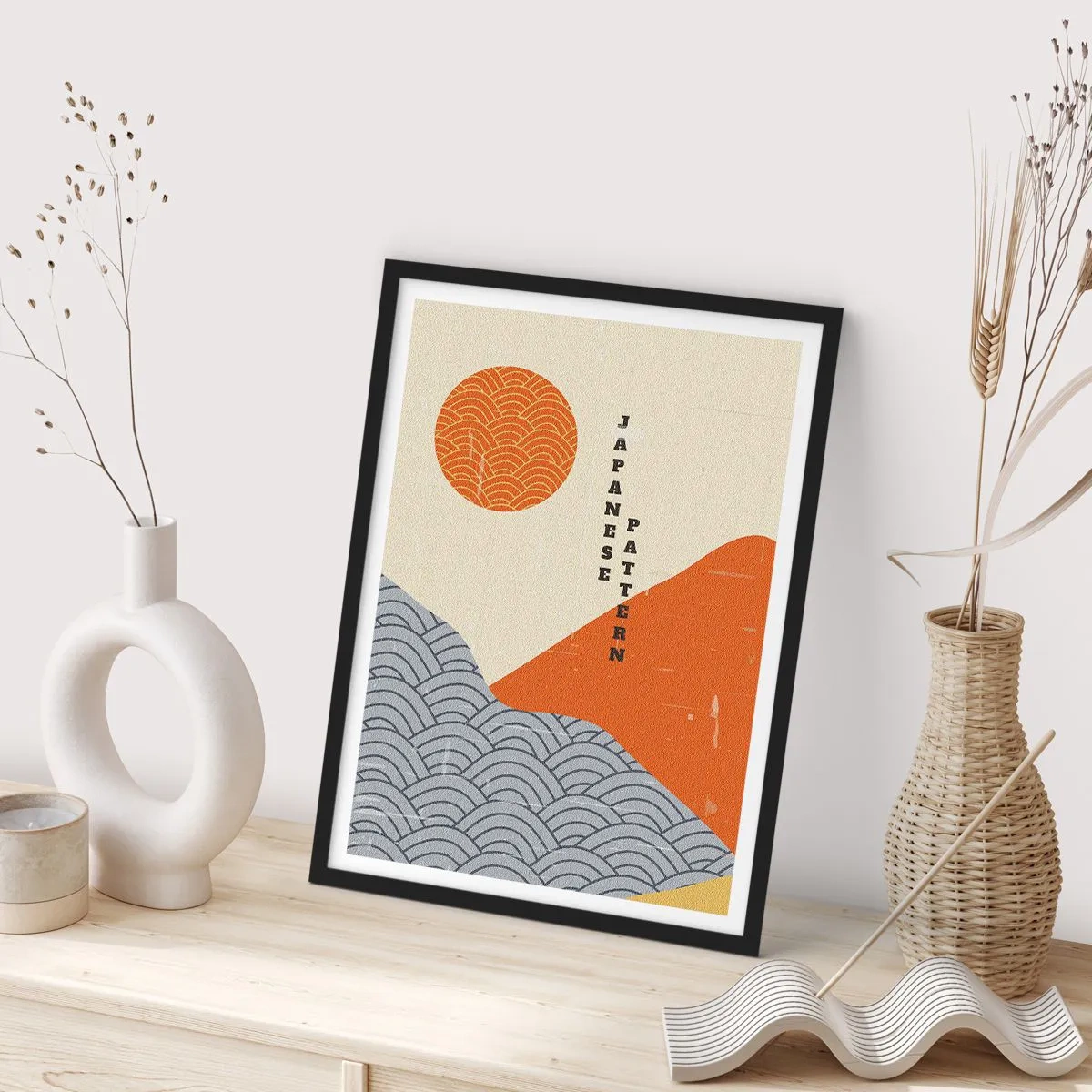 Plakat i sort ramme - Minimalistisk japansk mønster med bølger og sol - 50x70cm - I den japanske ånd - Moderne vægdekoration til stue og soveværelse ARTTOR
