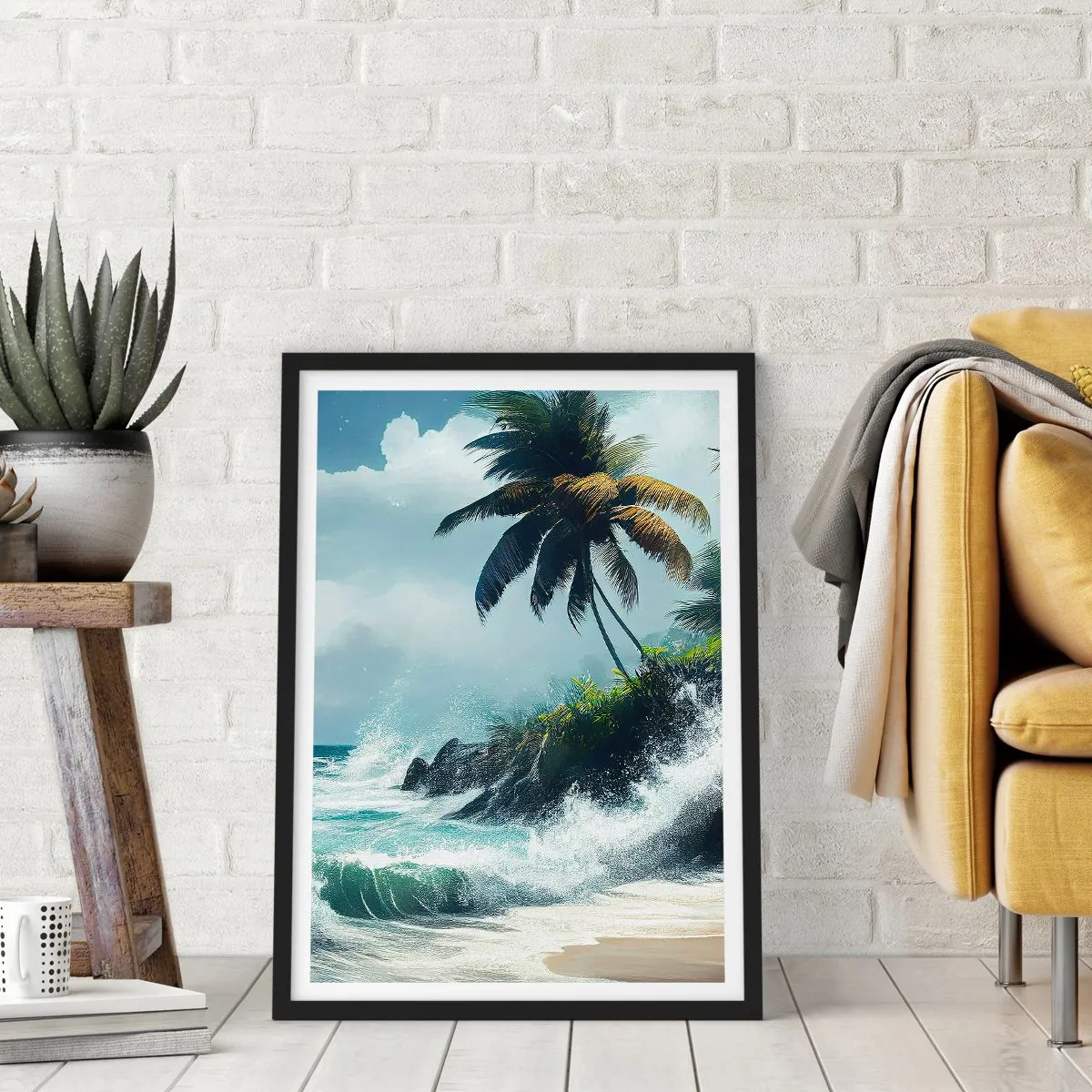 Plakat i sort ramme - Tropisk strand med palmer og et oprørt hav - 50x70cm - På en tropisk strand - Moderne vægdekoration til stue og soveværelse ARTTOR