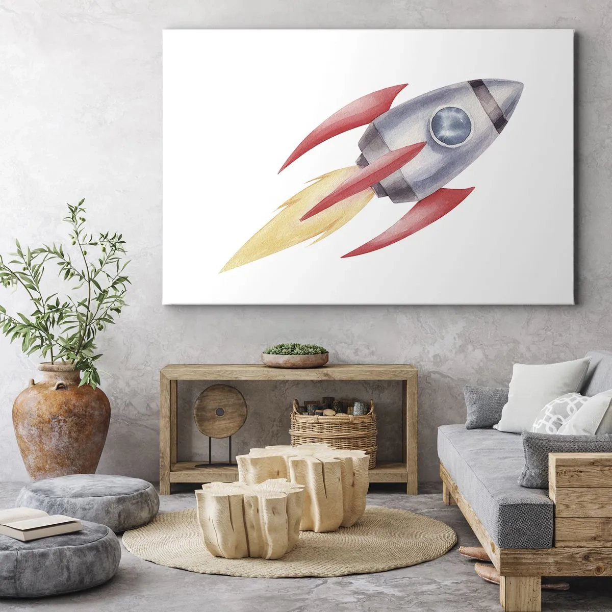 Lærredstryk - Billede på lærred - Akvarelstil raket på en hvid baggrund - 70x50cm - Højere, hurtigere, længere - Moderne vægdekoration til stue og soveværelse ARTTOR