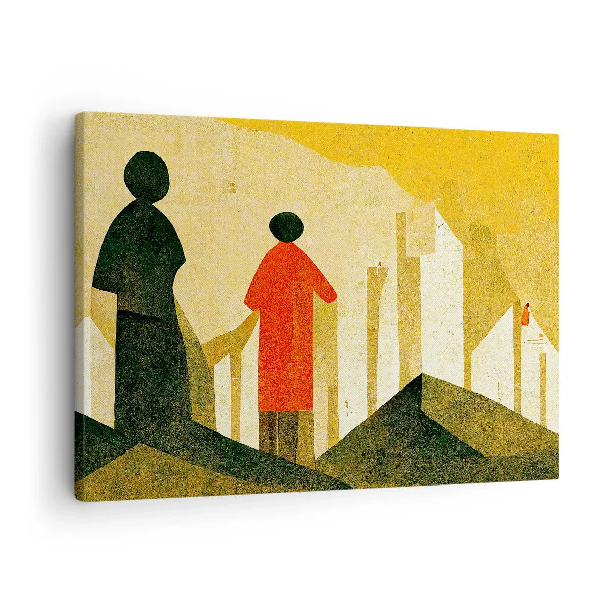 Lærredstryk - Billede på lærred - Geometriske silhuetter i rødt og grønt på en gul baggrund - 70x50cm - Stadig langt væk - Moderne vægdekoration til stue og soveværelse ARTTOR