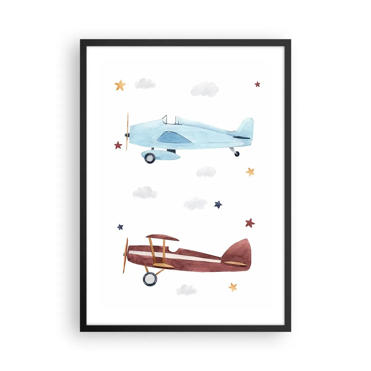 Plakat i sort ramme - Akvarelillustrationer af to fly, der svæver blandt skyer og stjerner. - 50x70cm - Hr. pilot, vi venter! - Moderne vægdekoration til stue og soveværelse ARTTOR