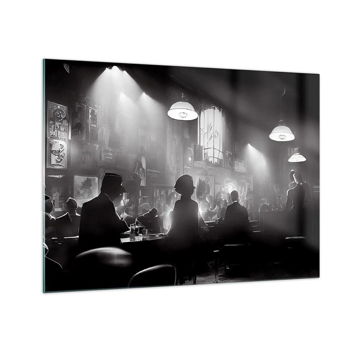 Billede på glas - Sort og hvid jazzscene i et klubinteriør - 70x50cm - I en jazzet stemning - Moderne vægdekoration til stue og soveværelse ARTTOR