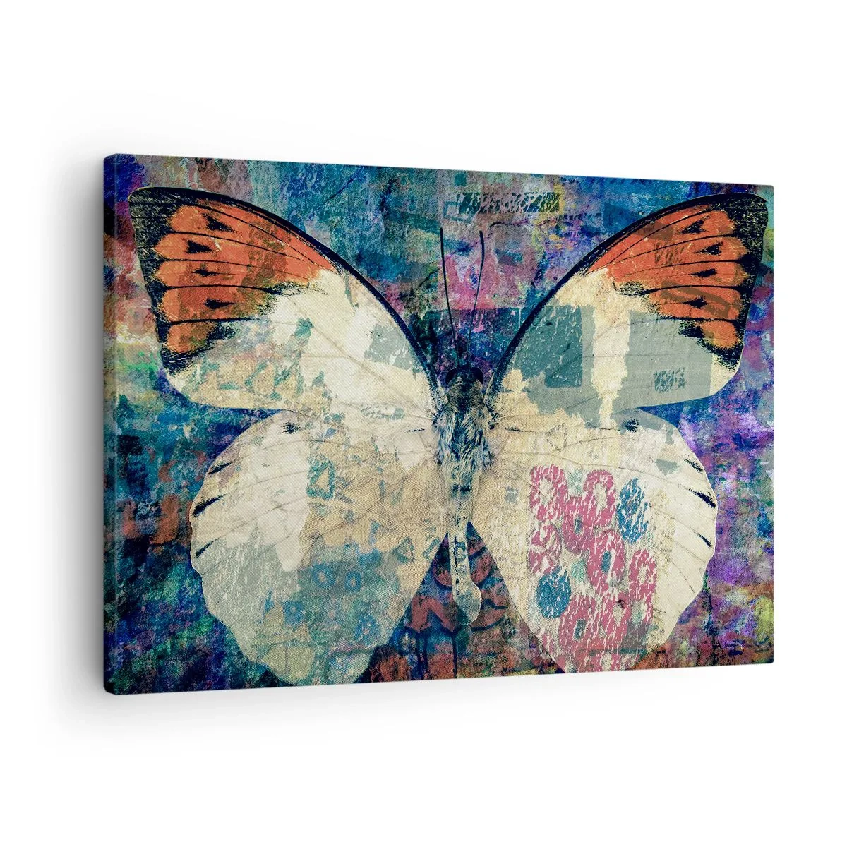 Lærredstryk - Billede på lærred - Sommerfugl i en abstrakt kunstnerisk baggrund med farverige detaljer - 70x50cm - Subtil skrøbelighed - Moderne vægdekoration til stue og soveværelse ARTTOR