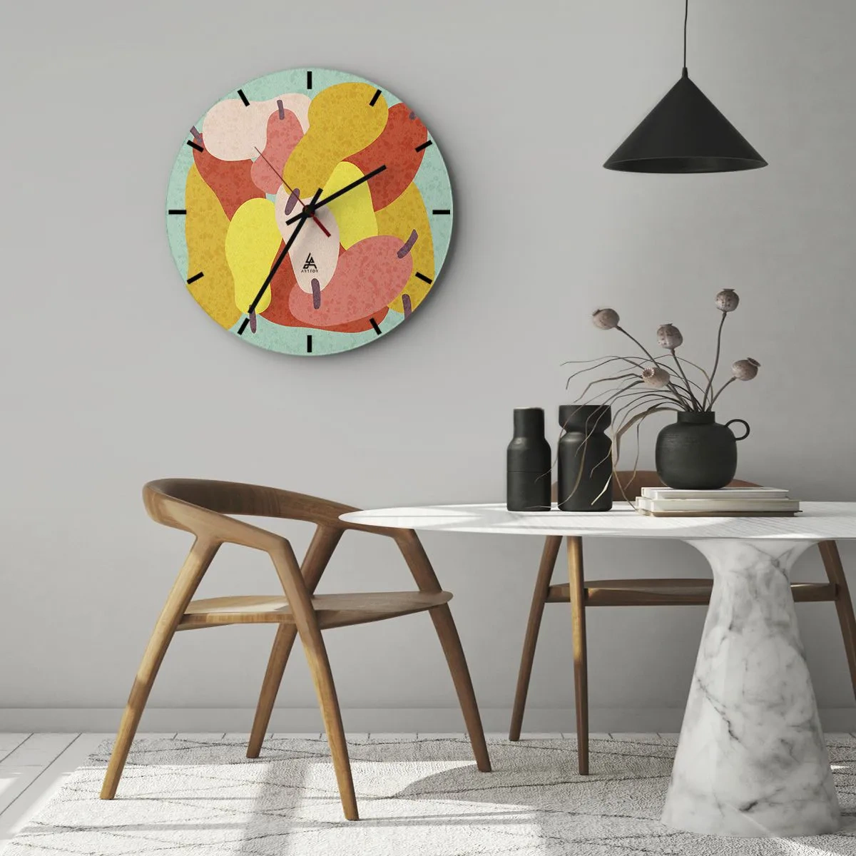 Vægur, Uret - Farverige pærer i grafisk stil på turkis baggrund - 30x30cm - Smag på sommersolen - Moderne vægdekoration til stue, køkken og soveværelse ARTTOR