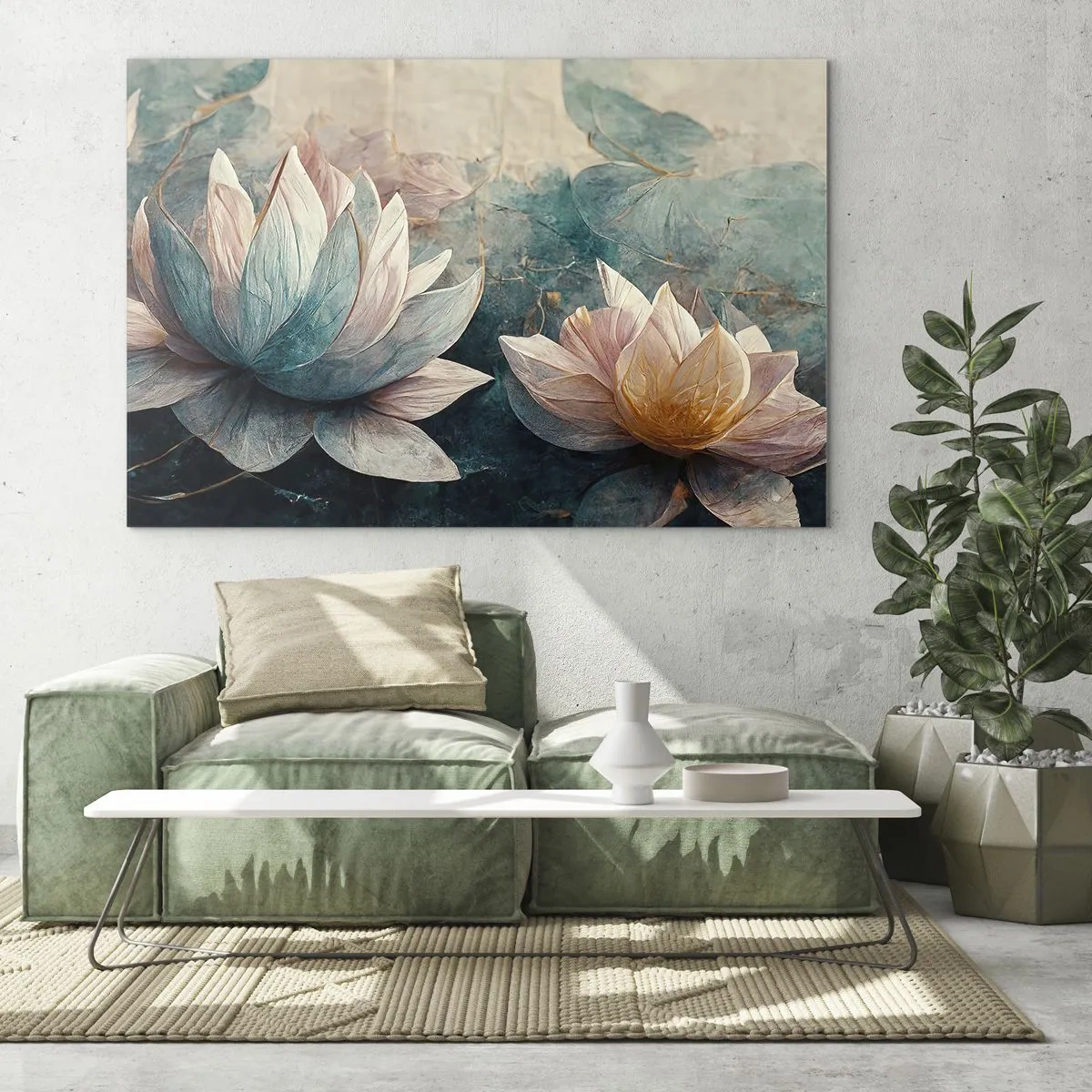 Billede på glas - Kunstnerisk repræsentation af lotusblomster mod en baggrund af vandblade. - 70x50cm - Søens stjerner - Moderne vægdekoration til stue og soveværelse ARTTOR