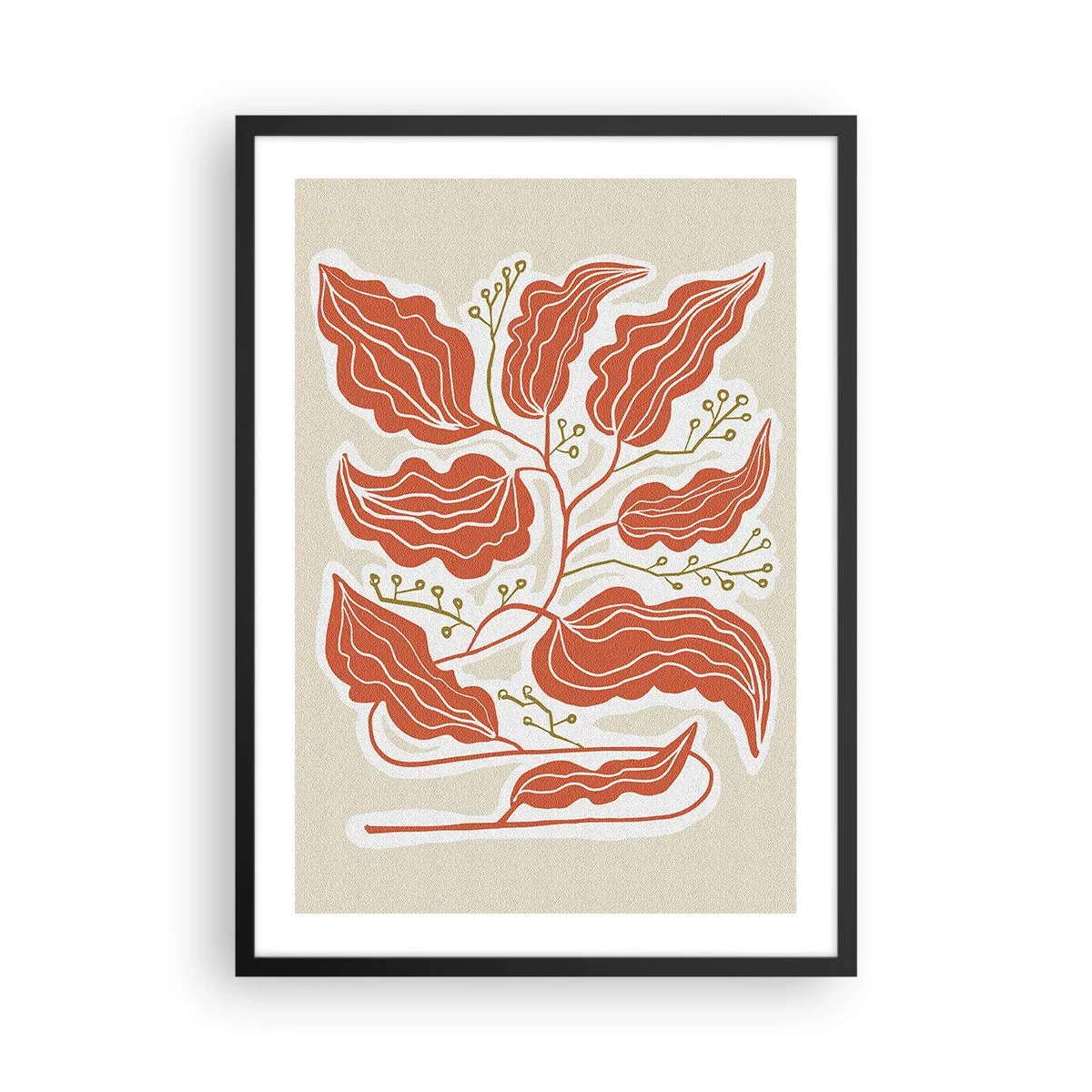 Plakat i sort ramme - En abstrakt komposition af blade i nuancer af orange og beige. - 50x70cm - Folk og koral - Moderne vægdekoration til stue og soveværelse ARTTOR