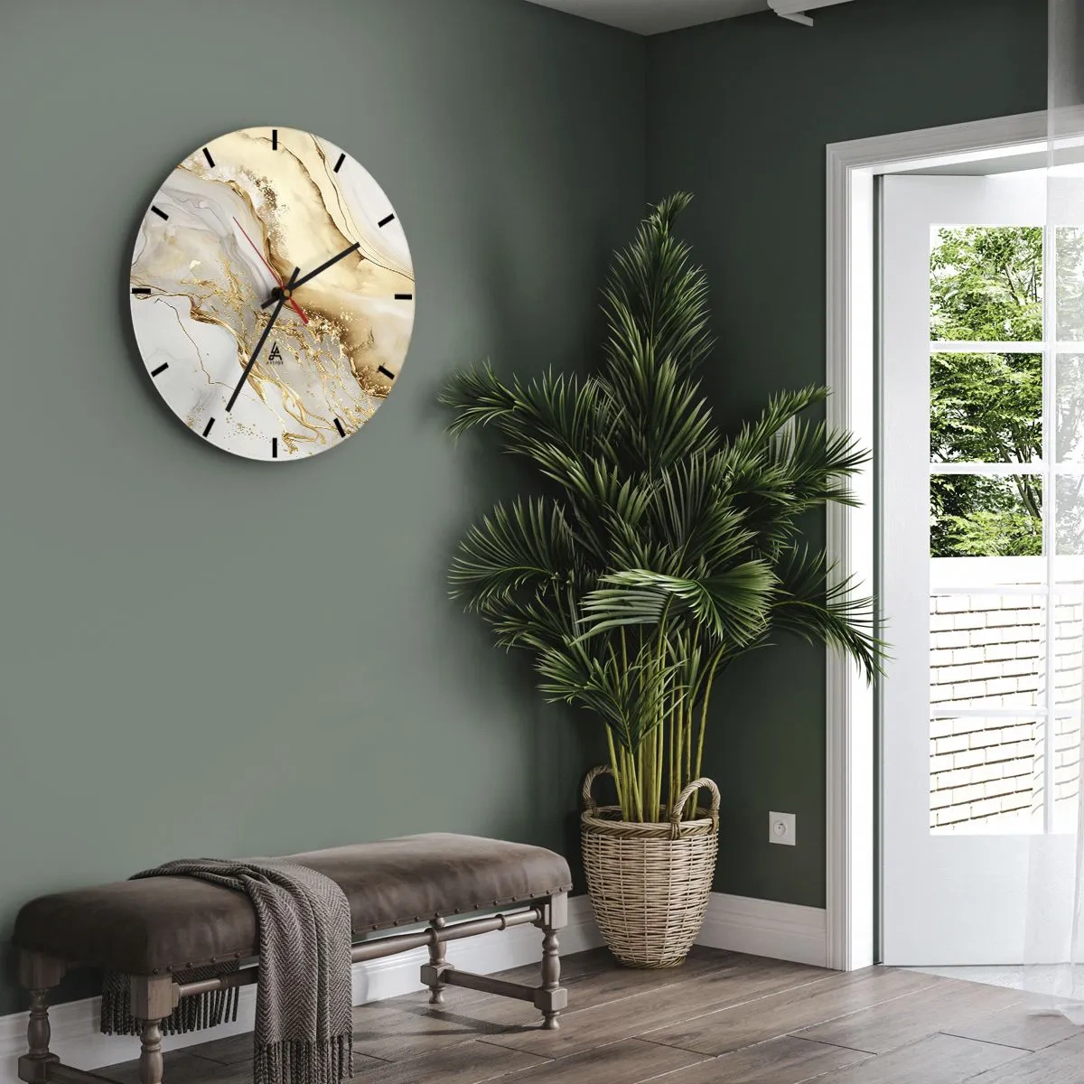 Vægur, Uret - Guld abstrakt stænk på en beige og hvid baggrund - 30x30cm - Abstraktion: skønhed og godhed - Moderne vægdekoration til stue, køkken og soveværelse ARTTOR