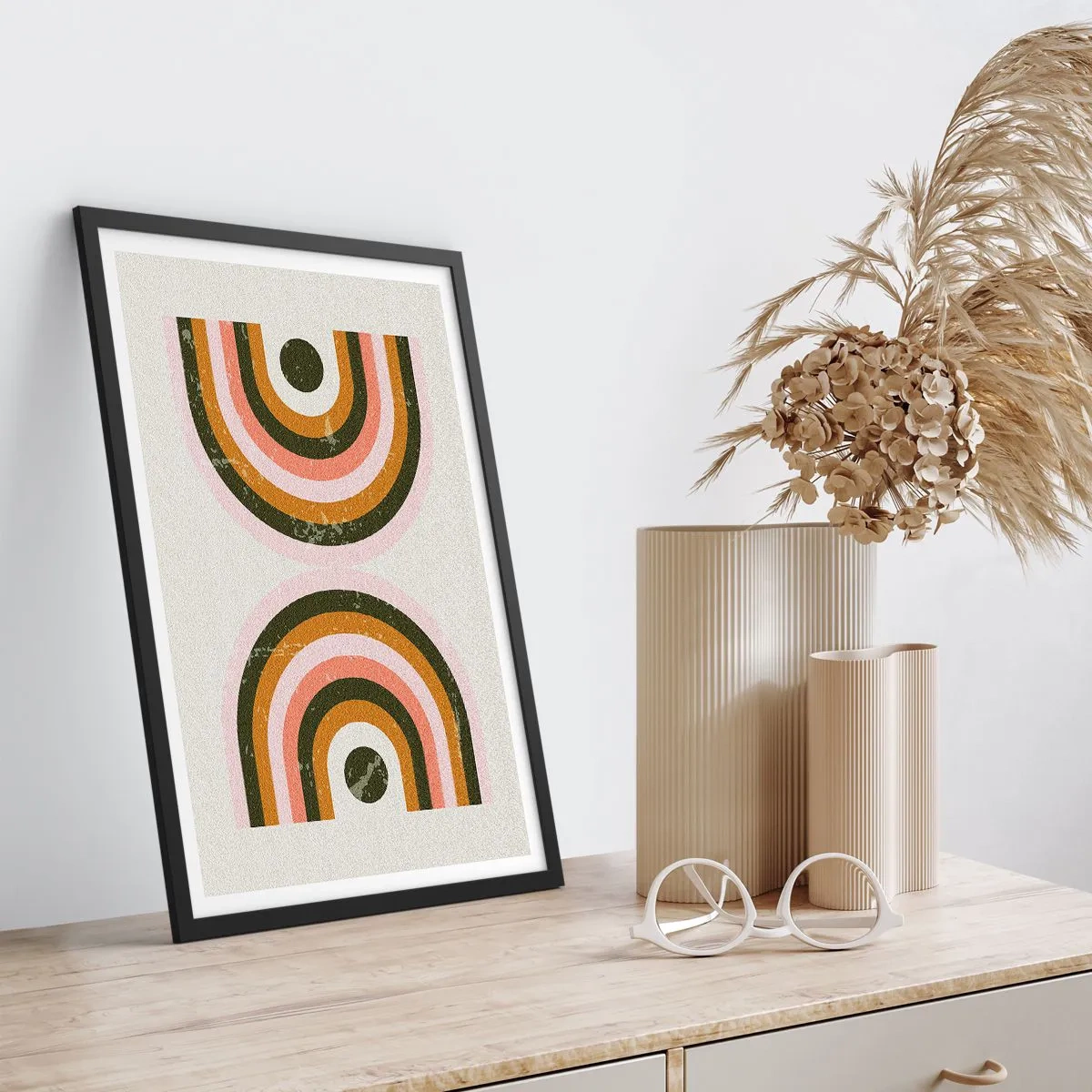 Plakat i sort ramme - Geometrisk komposition i retrostil - 50x70cm - Tvilling-abstraktion - Moderne vægdekoration til stue og soveværelse ARTTOR