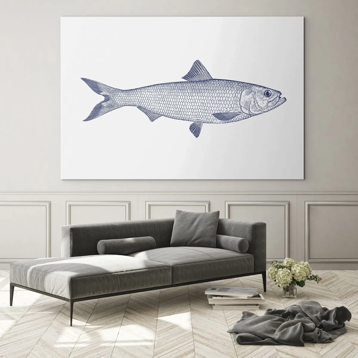 Billede på glas - Skitse af en fisk i vintagestil på en lys baggrund - 70x50cm - Hilsner fra de nordlige have - Moderne vægdekoration til stue og soveværelse ARTTOR