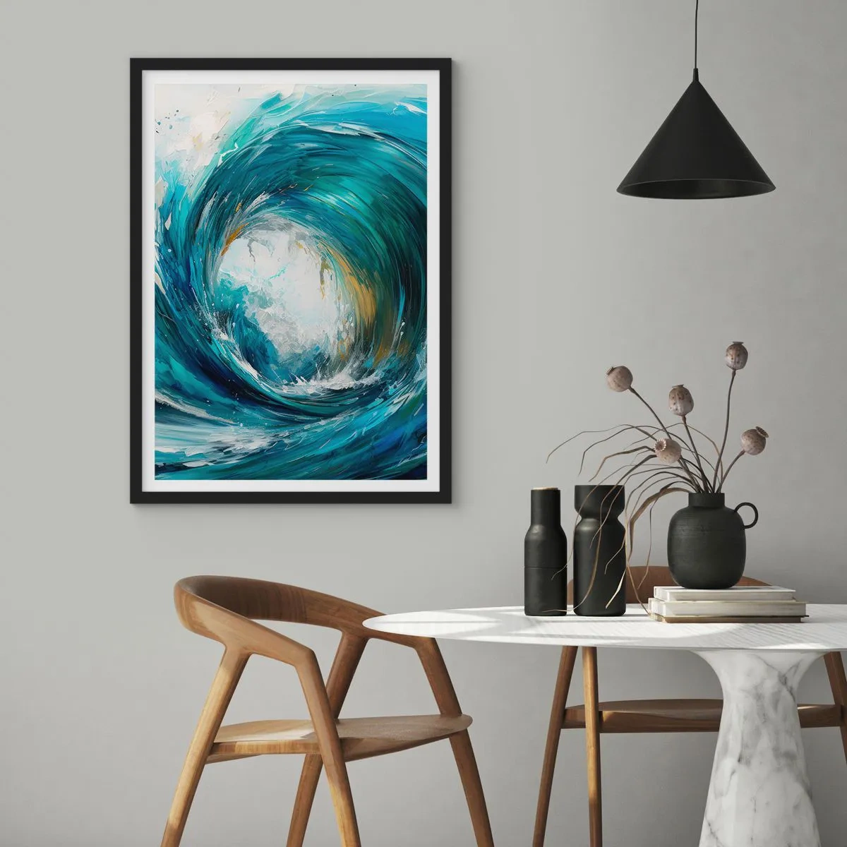 Plakat i sort ramme - Abstrakt bølge i nuancer af turkis, blå og hvid - 50x70cm - Havets portal - Moderne vægdekoration til stue og soveværelse ARTTOR
