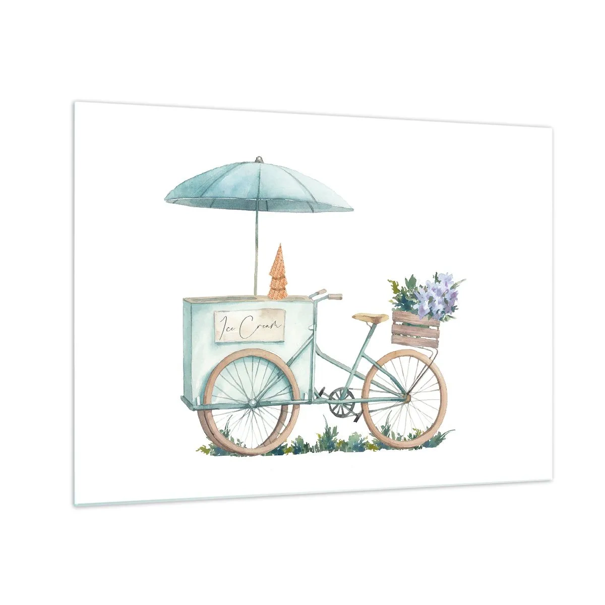 Billede på glas - En cykel med is og pastelblomster - 70x50cm - Sødt minde om sommeren - Moderne vægdekoration til stue og soveværelse ARTTOR
