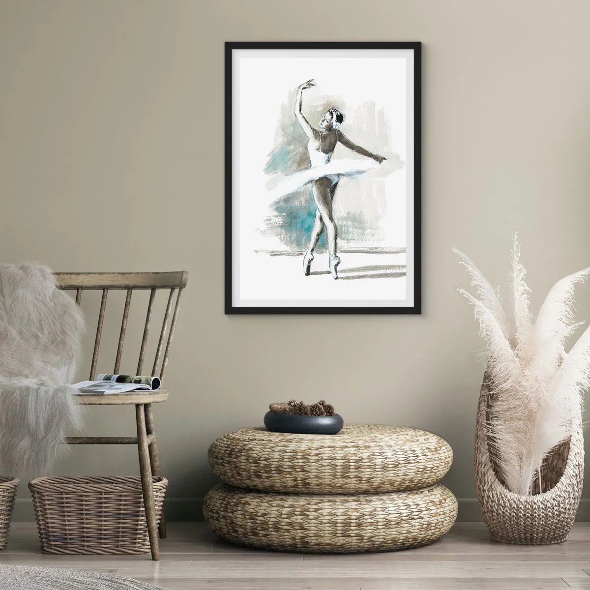 Plakat i sort ramme - En balletdanser i en hvid kjole, der optræder - 50x70cm - Fortryllet til en svane - Moderne vægdekoration til stue og soveværelse ARTTOR