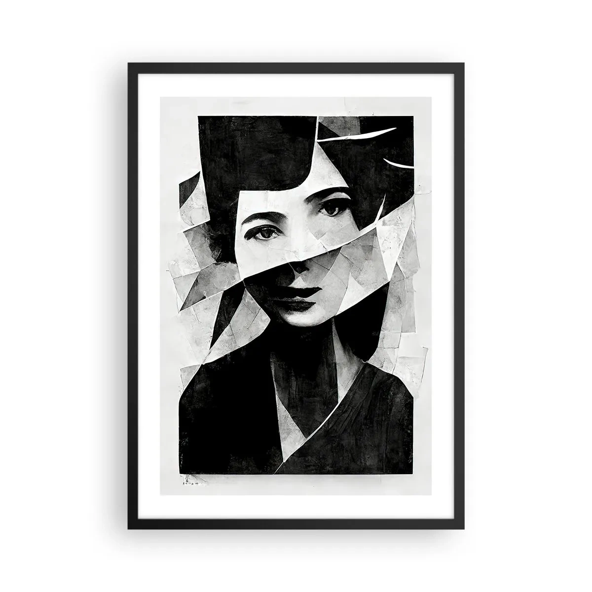Plakat i sort ramme - Portræt af en kvinde i en abstrakt komposition - 50x70cm - I sandhed hvad du er... - Moderne vægdekoration til stue og soveværelse ARTTOR