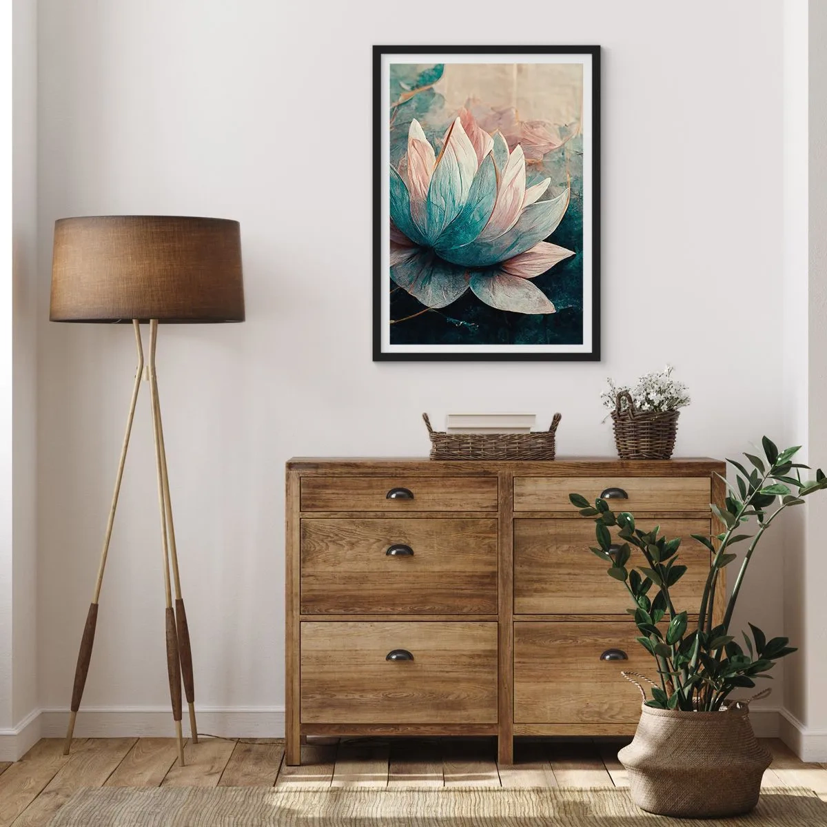 Plakat i sort ramme - En delikat lotusblomst med en mystisk aura - 50x70cm - Søens stjerner - Moderne vægdekoration til stue og soveværelse ARTTOR