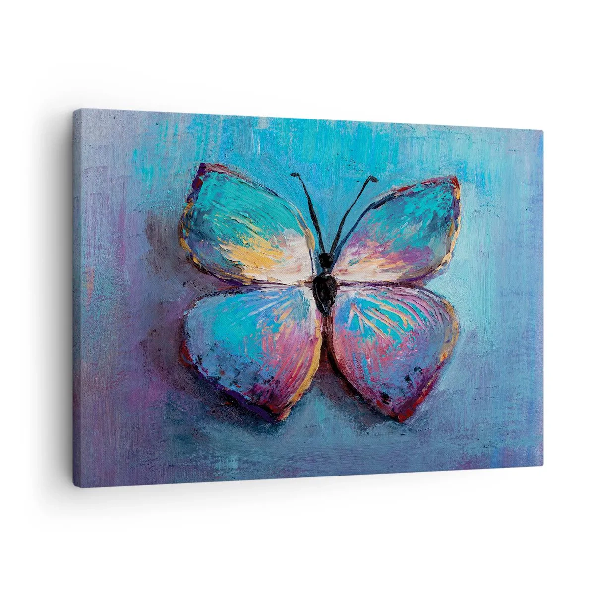 Lærredstryk - Billede på lærred - Farverig sommerfugl på en blå baggrund - 70x50cm - I sin fulde pragt - Moderne vægdekoration til stue og soveværelse ARTTOR