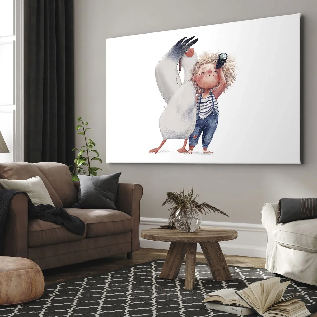 Lærredstryk - Billede på lærred - Illustration af et barn med en pelikan og et teleskop i hånden - 70x50cm - En plan for en fantastisk rejse - Moderne vægdekoration til stue og soveværelse ARTTOR