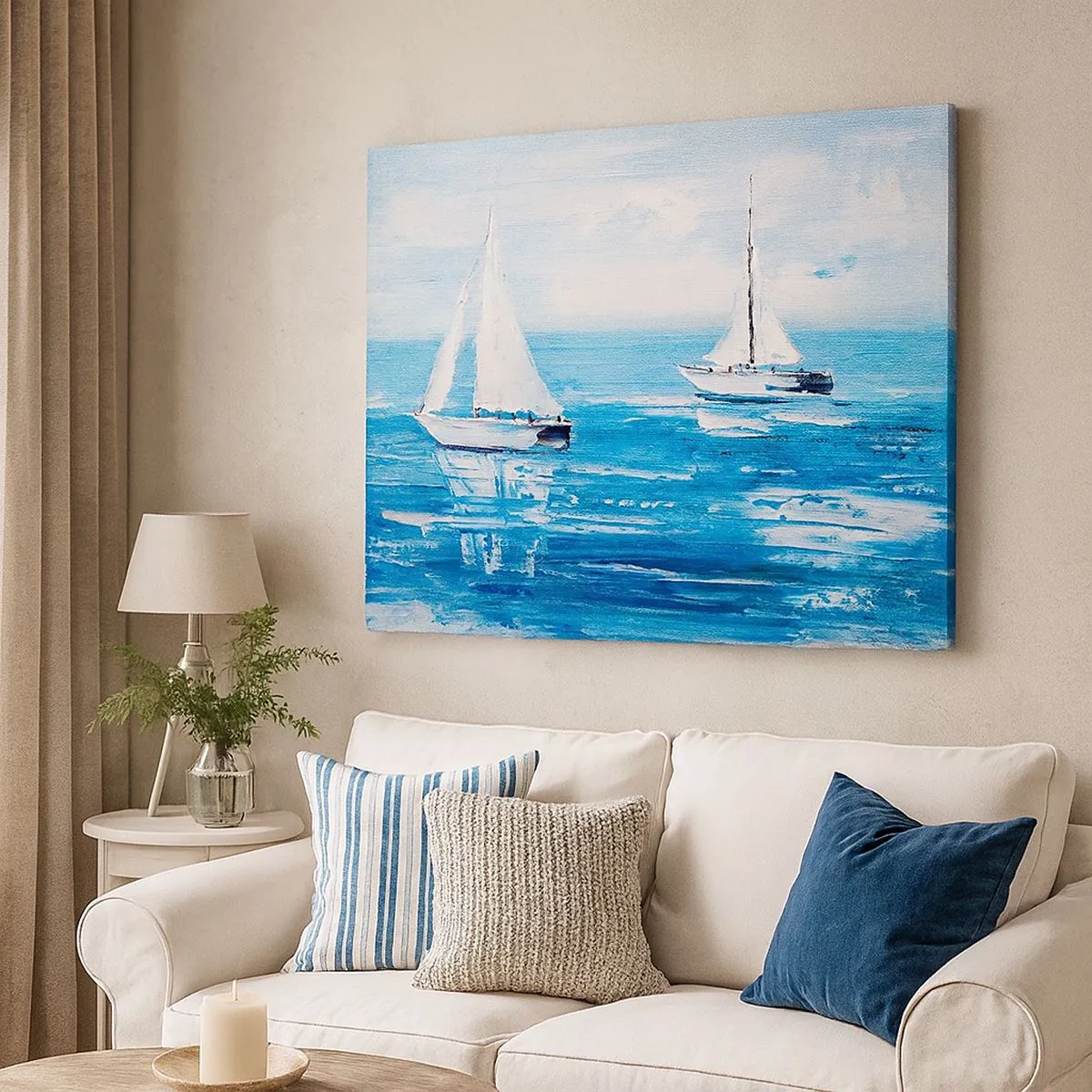 Lærredstryk - Billede på lærred - Yachter på det blå hav i kunstnerisk stil - 70x50cm - Med en ven ved din side - Moderne vægdekoration til stue og soveværelse ARTTOR