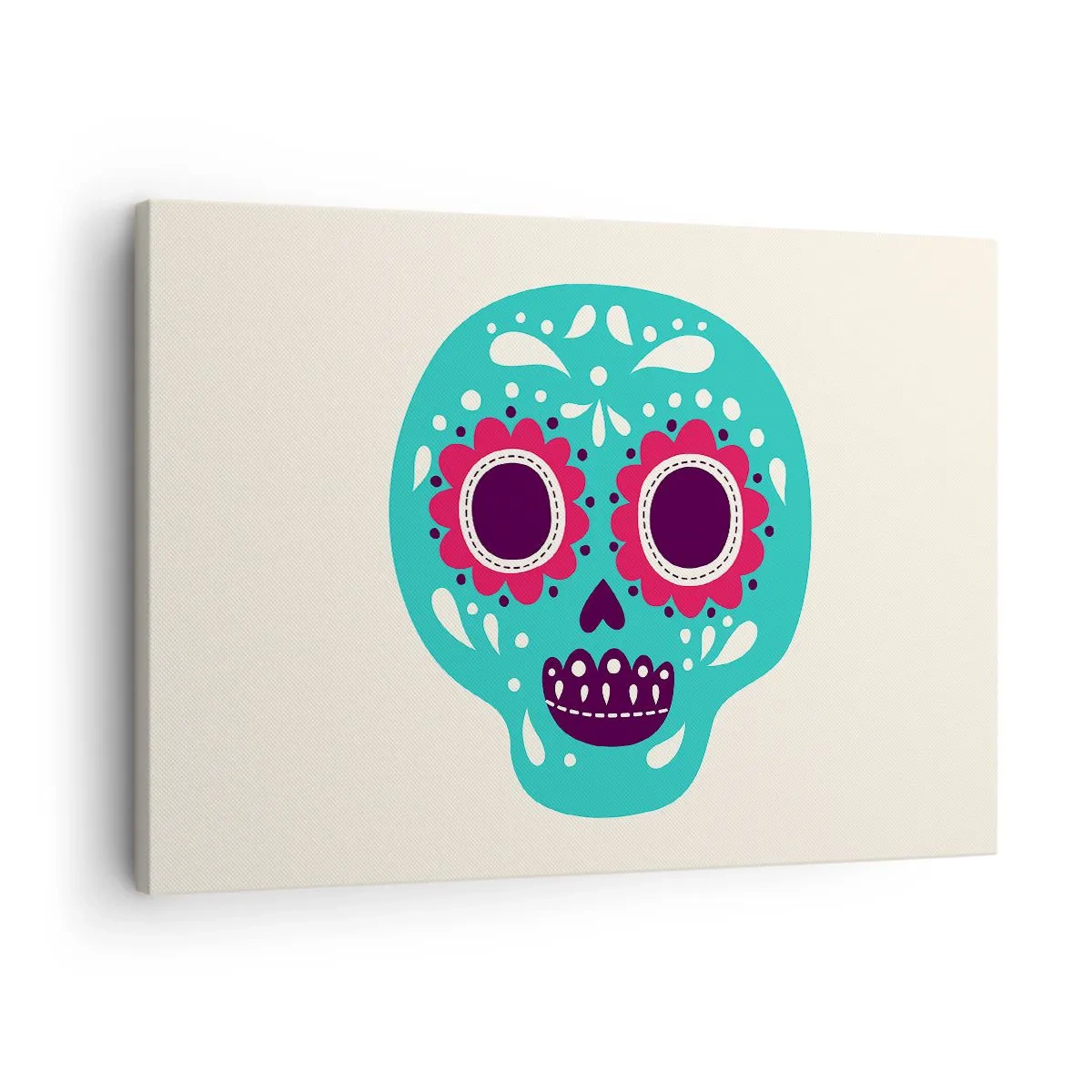 Lærredstryk - Billede på lærred - Et turkis og lilla sukkerkranie inspireret af mexicansk kultur - 70x50cm - Livet - sjovt indtil døden - Moderne vægdekoration til stue og soveværelse ARTTOR