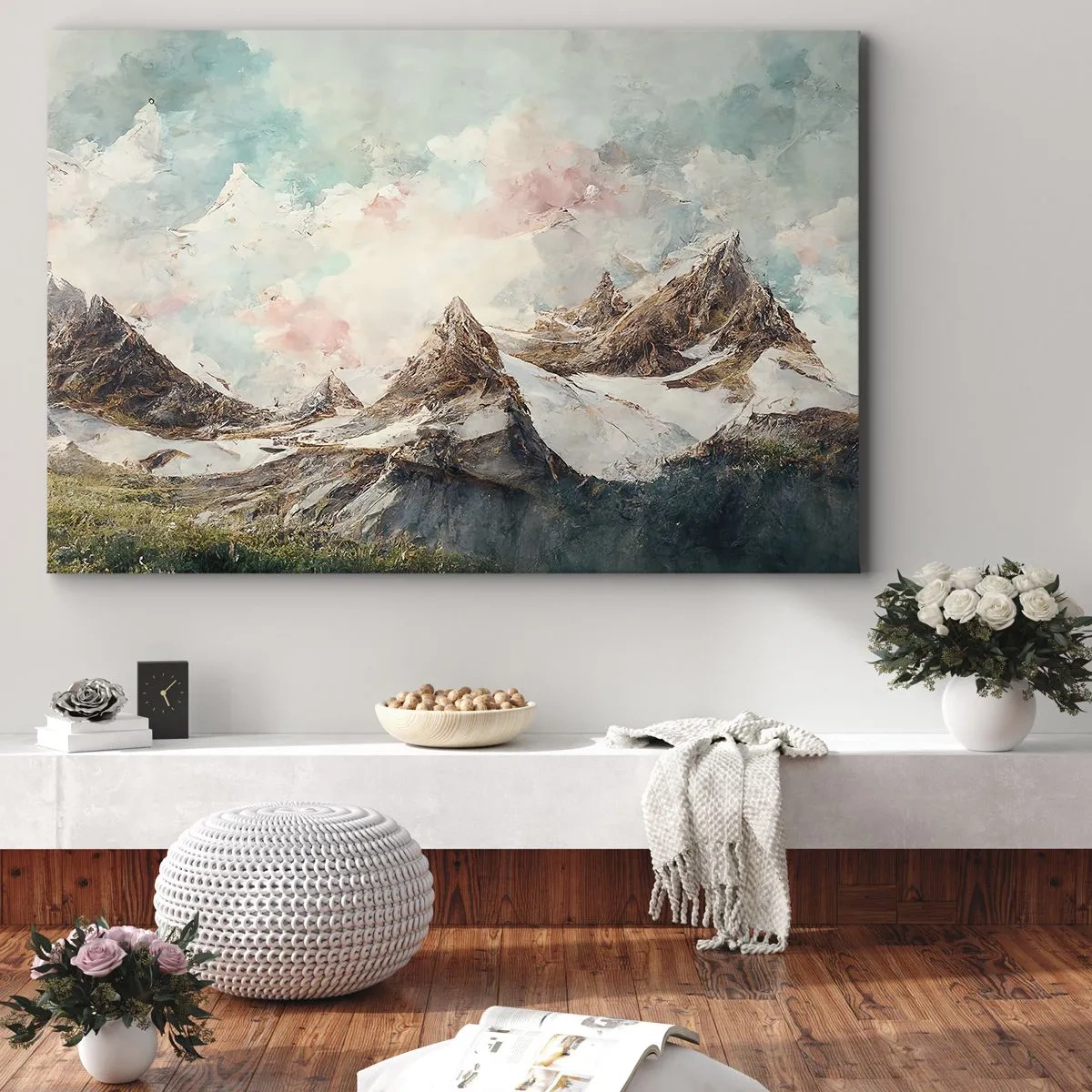 Lærredstryk - Billede på lærred - Maleriske bjerge med pastelfarvet himmel - 70x50cm - Stenede knive - Moderne vægdekoration til stue og soveværelse ARTTOR