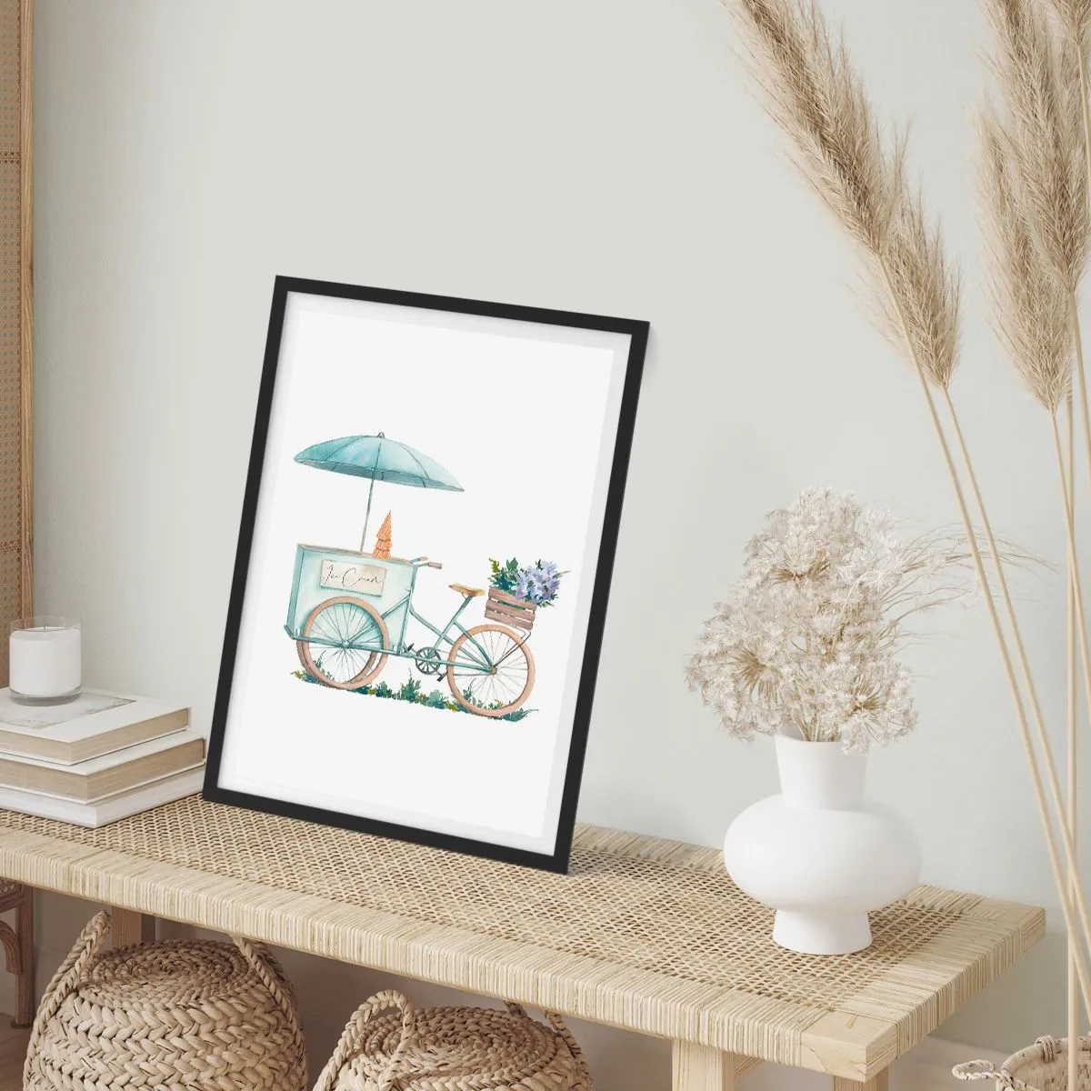 Plakat i sort ramme - Akvarel illustration af en cykel med is og blomster - 50x70cm - Sødt minde om sommeren - Moderne vægdekoration til stue og soveværelse ARTTOR