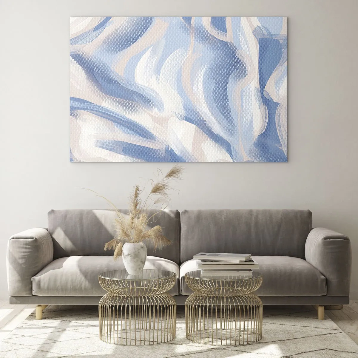 Billede på glas - Abstrakte streger i blå, hvid og beige i bølget form - 70x50cm - Blå krusninger - Moderne vægdekoration til stue og soveværelse ARTTOR