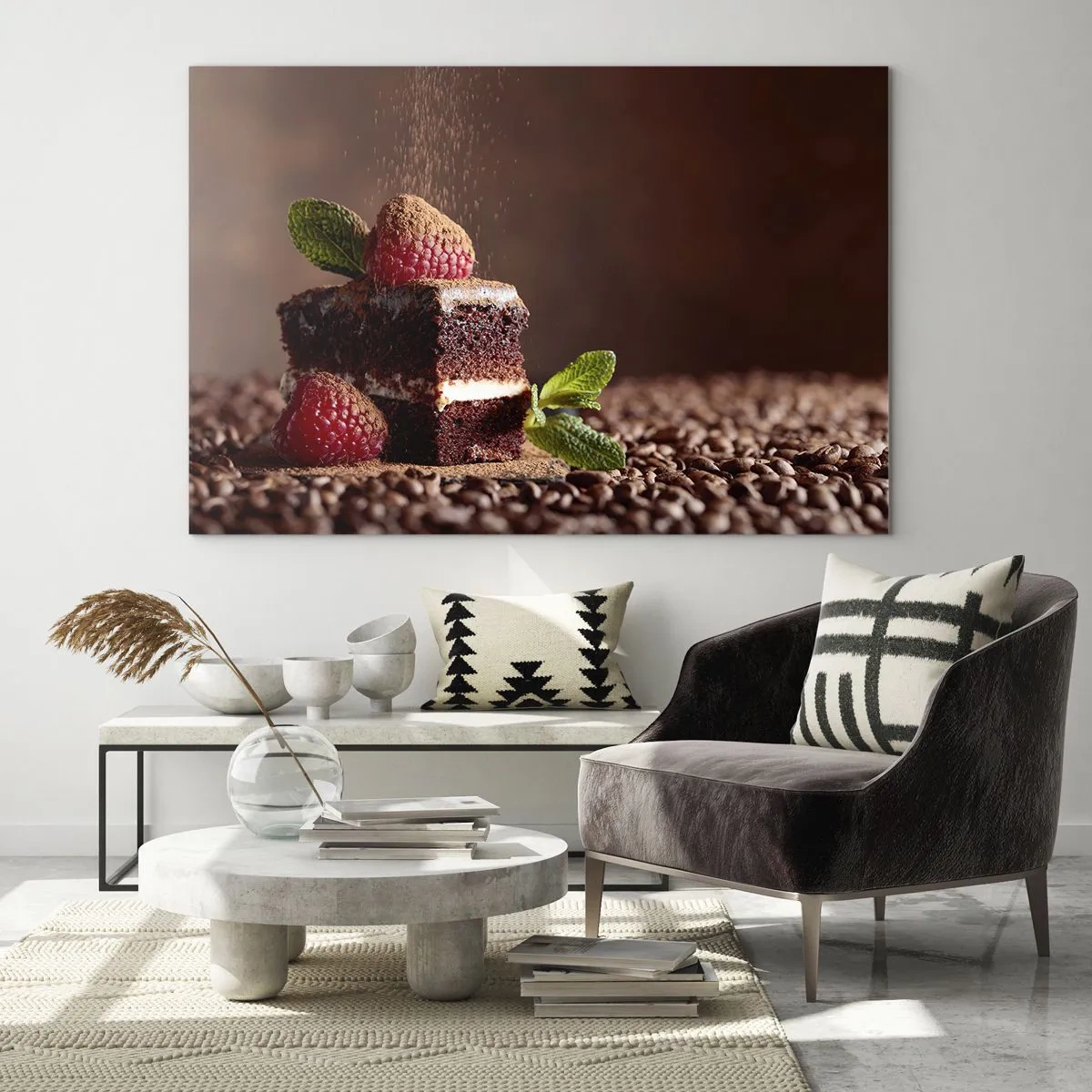 Billede på glas - Chokoladedessert med hindbær og mynteblade - 70x50cm - Livet er sødt - Moderne vægdekoration til stue og soveværelse ARTTOR