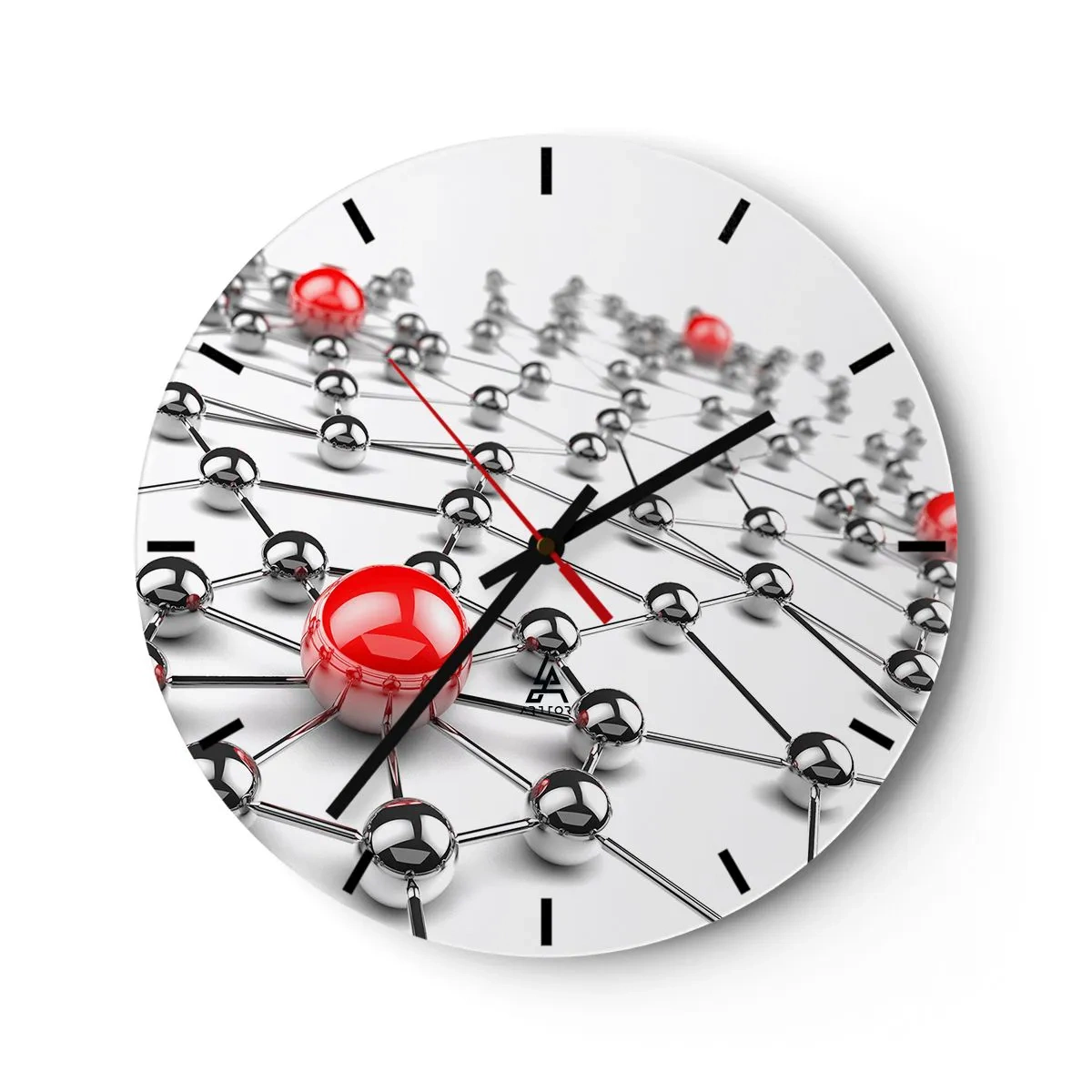 Vægur, Uret - Molekylstruktur med røde accenter på en hvid baggrund - 30x30cm - Sølvnet - Moderne vægdekoration til stue, køkken og soveværelse ARTTOR