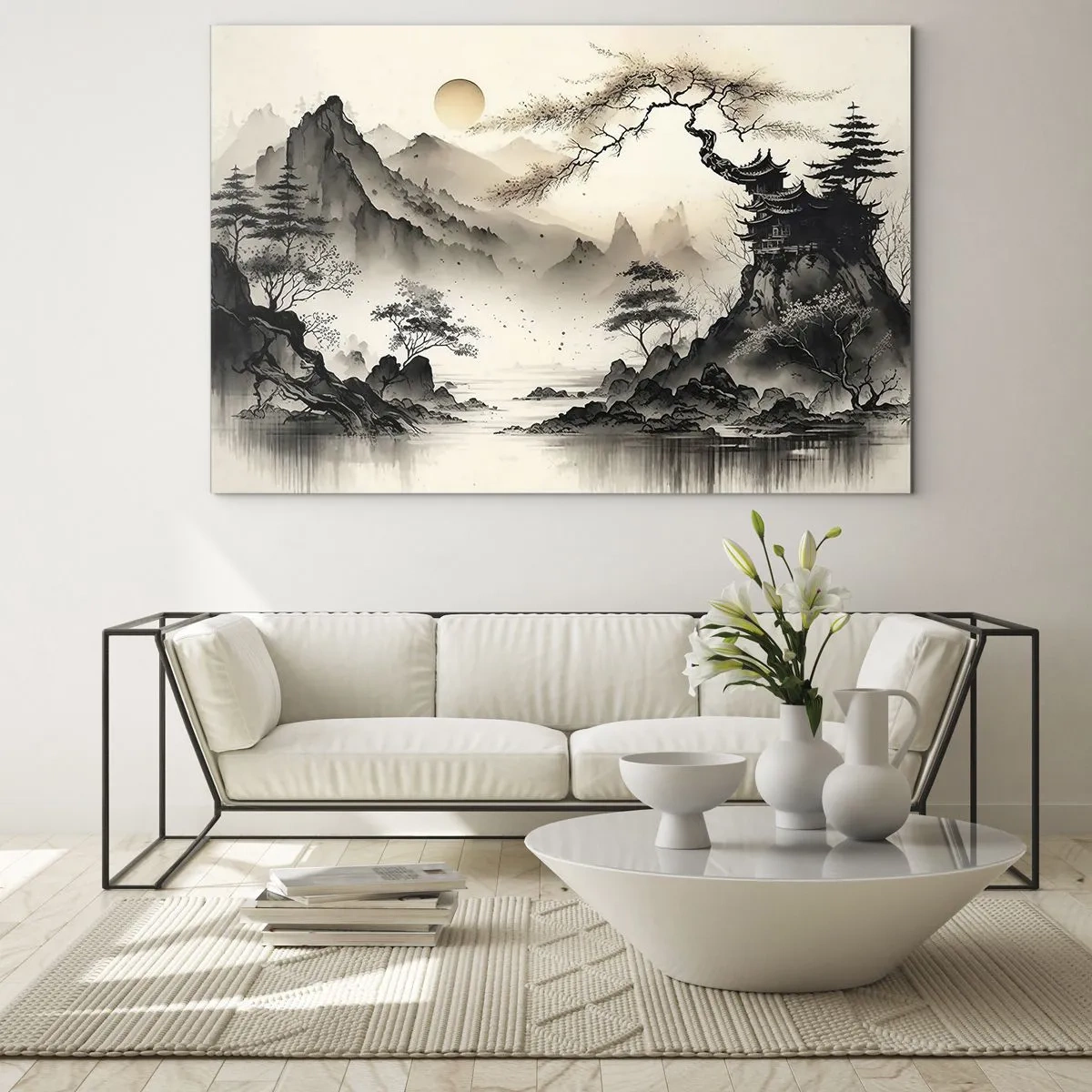 Billede på glas - Orientalsk bjerglandskab med en pagode og træer - 70x50cm - Orientens unikke charme - Moderne vægdekoration til stue og soveværelse ARTTOR