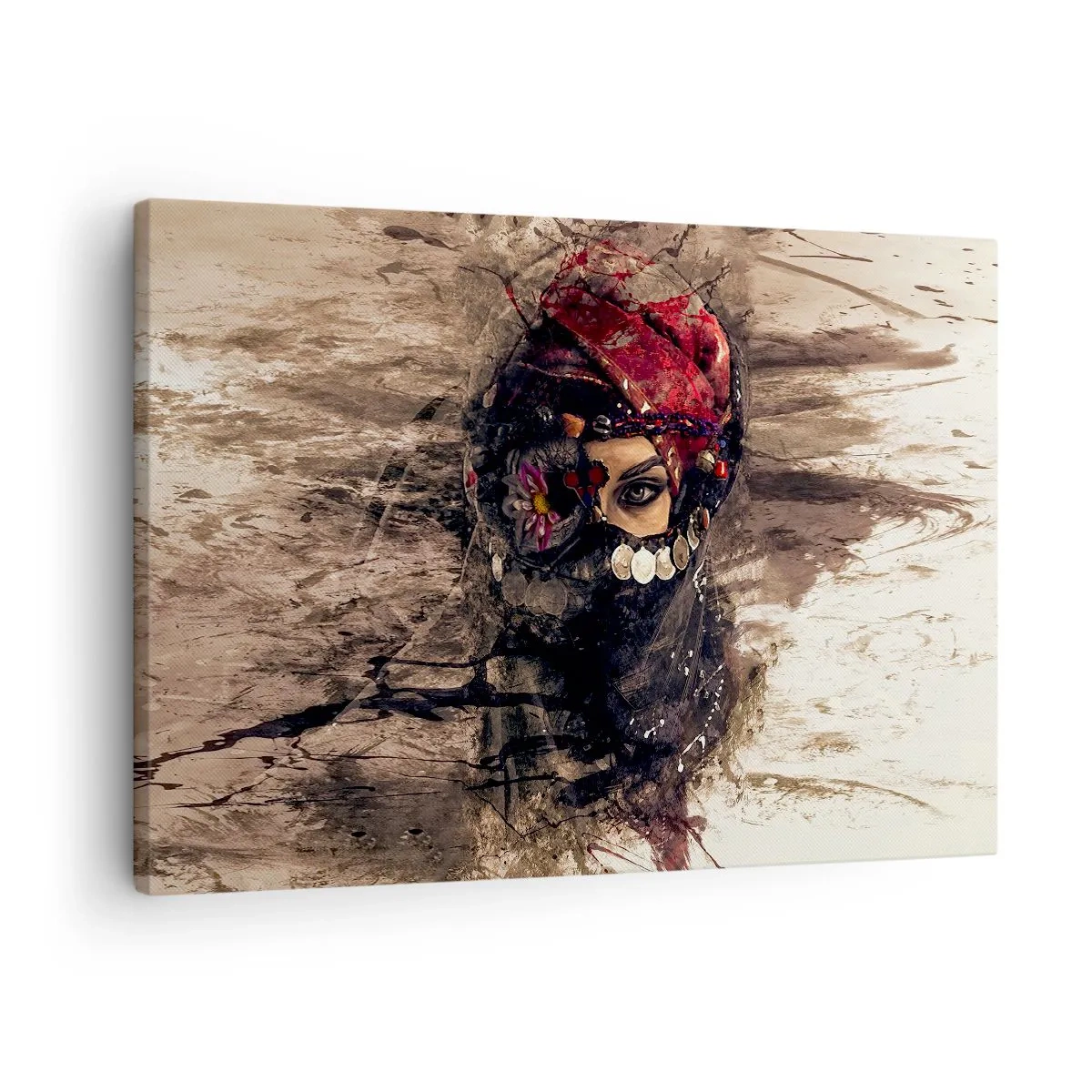 Lærredstryk - Billede på lærred - Kunstnerisk portræt af en kvinde i orientalsk klædedragt mod en abstrakt baggrund. - 70x50cm - Foruroligende for at sige det mildt - Moderne vægdekoration til stue og soveværelse ARTTOR