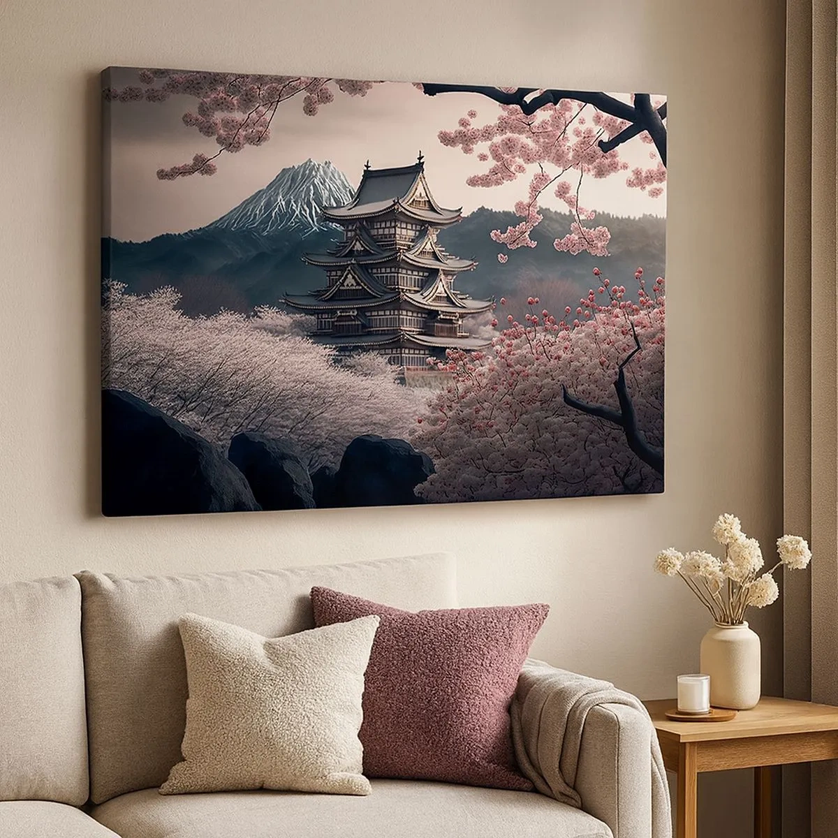 Lærredstryk - Billede på lærred - Et japansk tempel omgivet af kirsebærblomster og bjerge - 70x50cm - Kirsebærblomsternes land - Moderne vægdekoration til stue og soveværelse ARTTOR