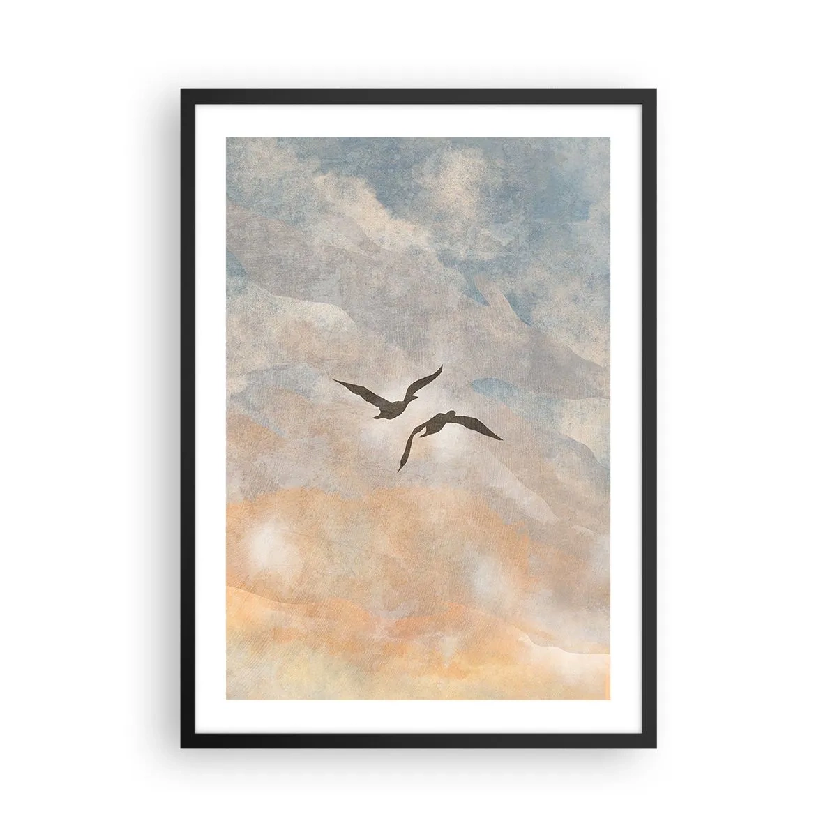 Plakat i sort ramme - To fugle, der flyver mod himlen, i sarte nuancer af blå og orange. - 50x70cm - Himmelsk dans - Moderne vægdekoration til stue og soveværelse ARTTOR