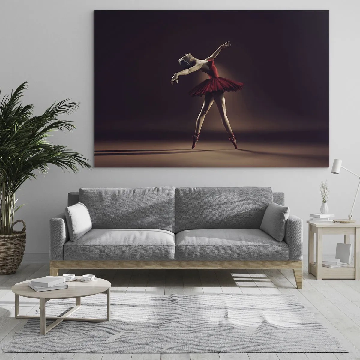 Billede på glas - En ballerina i en rød kjole i en dynamisk positur - 70x50cm - Prima ballerina - Moderne vægdekoration til stue og soveværelse ARTTOR
