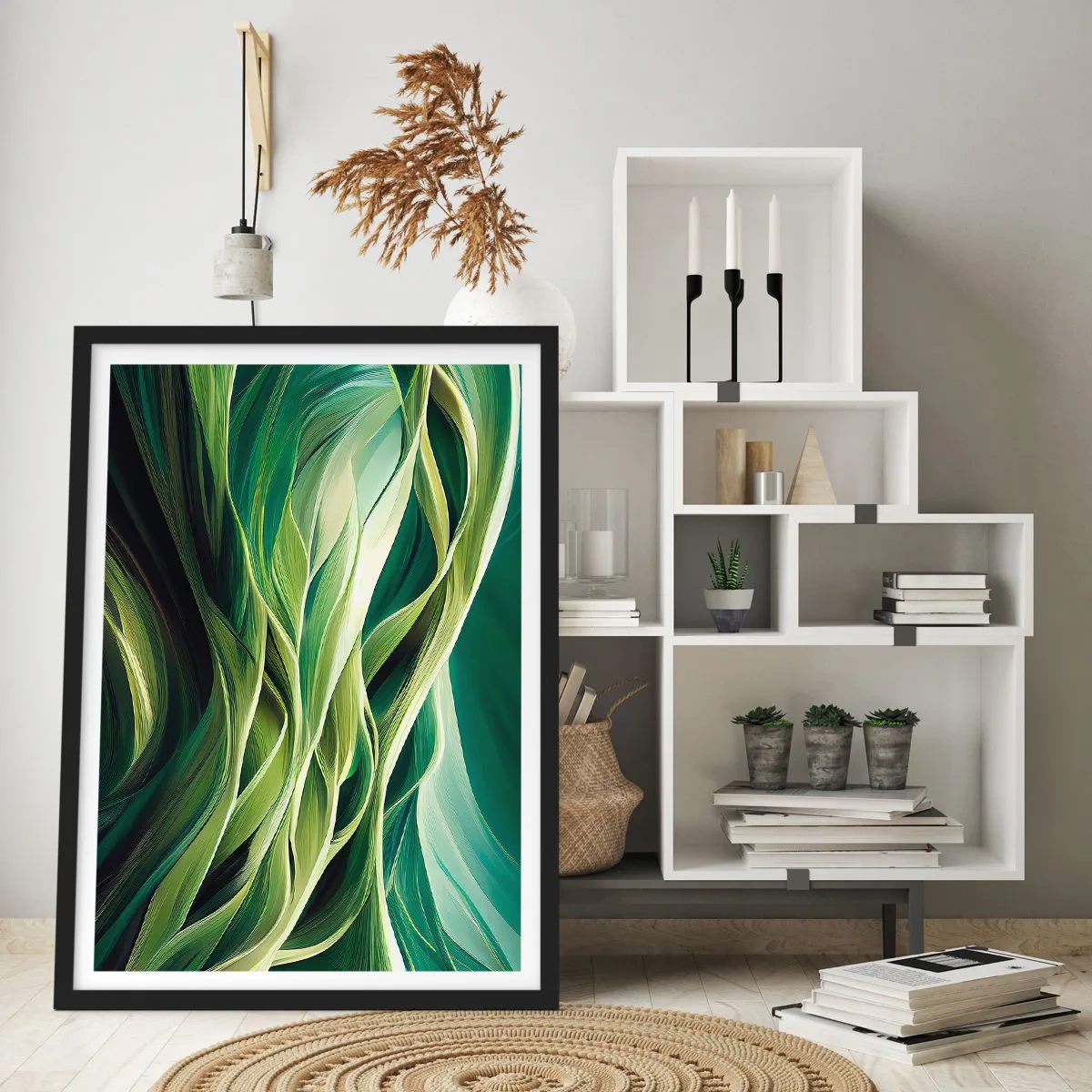 Plakat i sort ramme - En abstrakt komposition af organiske, grønne former. - 50x70cm - Et abstrakt spil med grønt - Moderne vægdekoration til stue og soveværelse ARTTOR