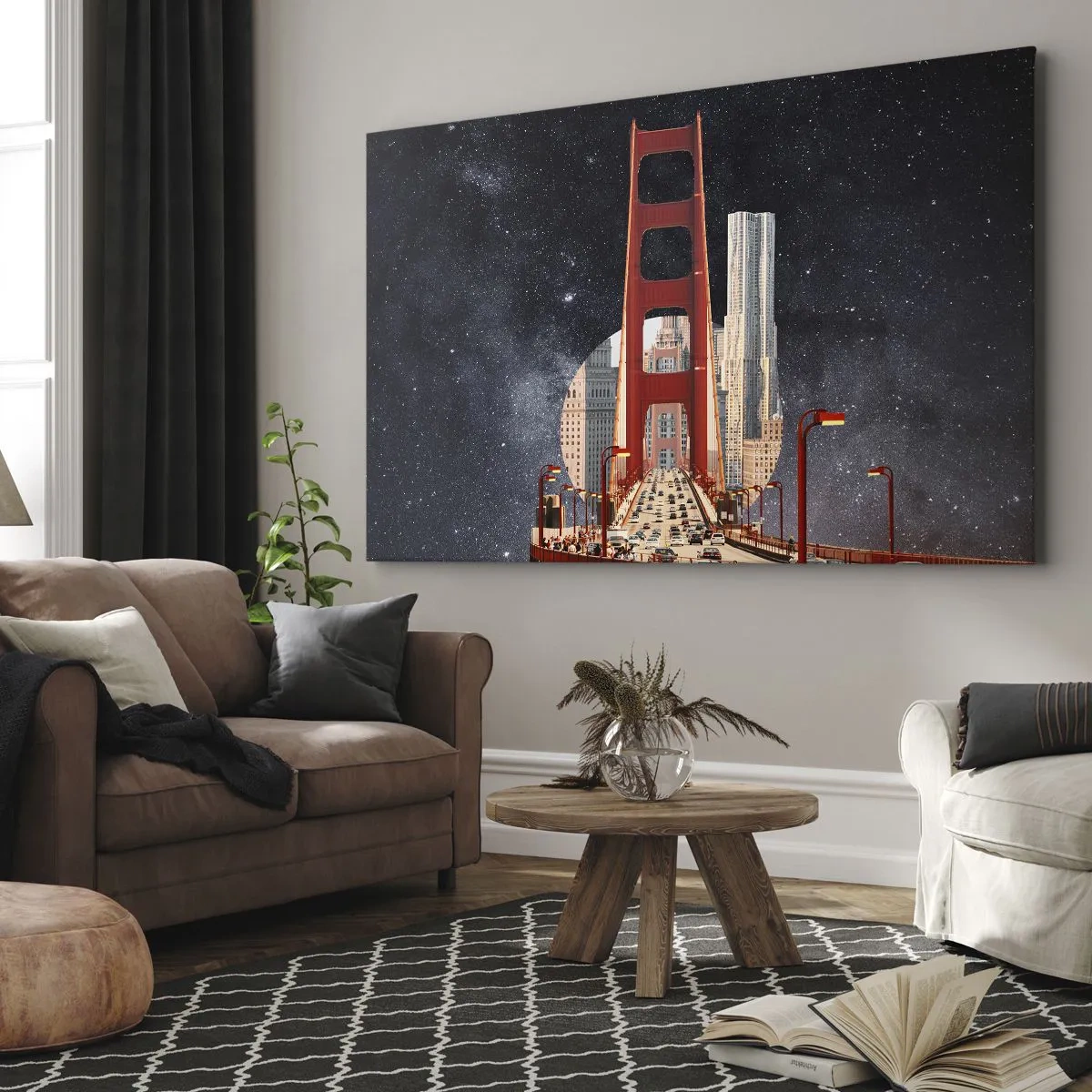 Lærredstryk - Billede på lærred - Golden Gate Bridge med byen i baggrunden mod en stjerneklar himmel - 70x50cm - Altid i centrum - Moderne vægdekoration til stue og soveværelse ARTTOR