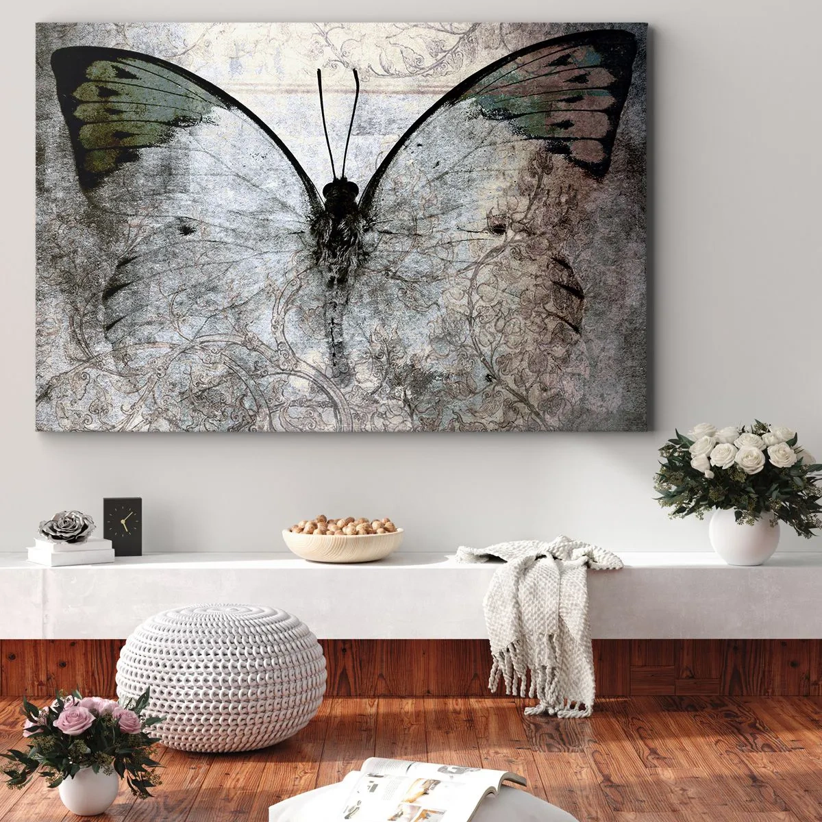 Lærredstryk - Billede på lærred - En sommerfugl i nuancer af grønt og gråt på en dekorativ baggrund - 70x50cm - I Art Nouveau stil - Moderne vægdekoration til stue og soveværelse ARTTOR