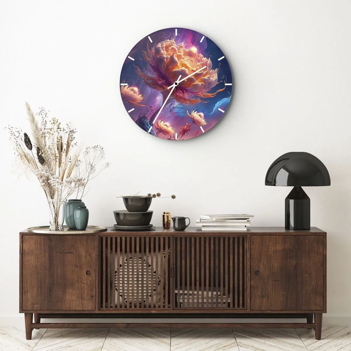 Vægur, Uret - En fantastisk blomst oplyst i et kosmisk landskab - 30x30cm - En anden verden - Moderne vægdekoration til stue, køkken og soveværelse ARTTOR