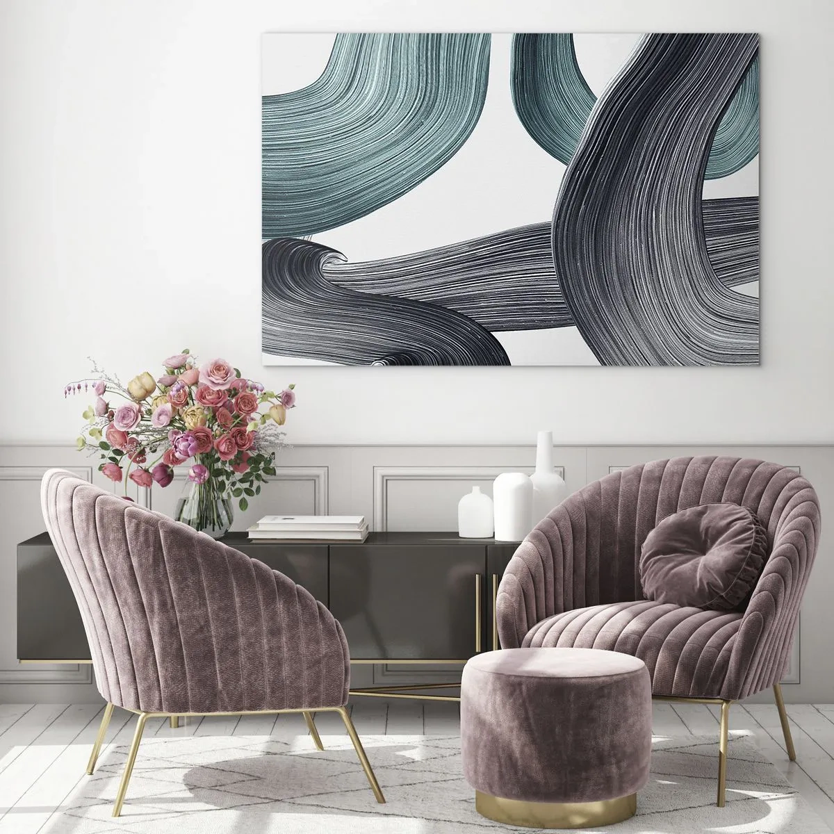 Billede på glas - Dynamiske striber i nuancer af smaragdgrøn og sort på en hvid baggrund - 70x50cm - Smaragdgrønne og sorte stier - Moderne vægdekoration til stue og soveværelse ARTTOR