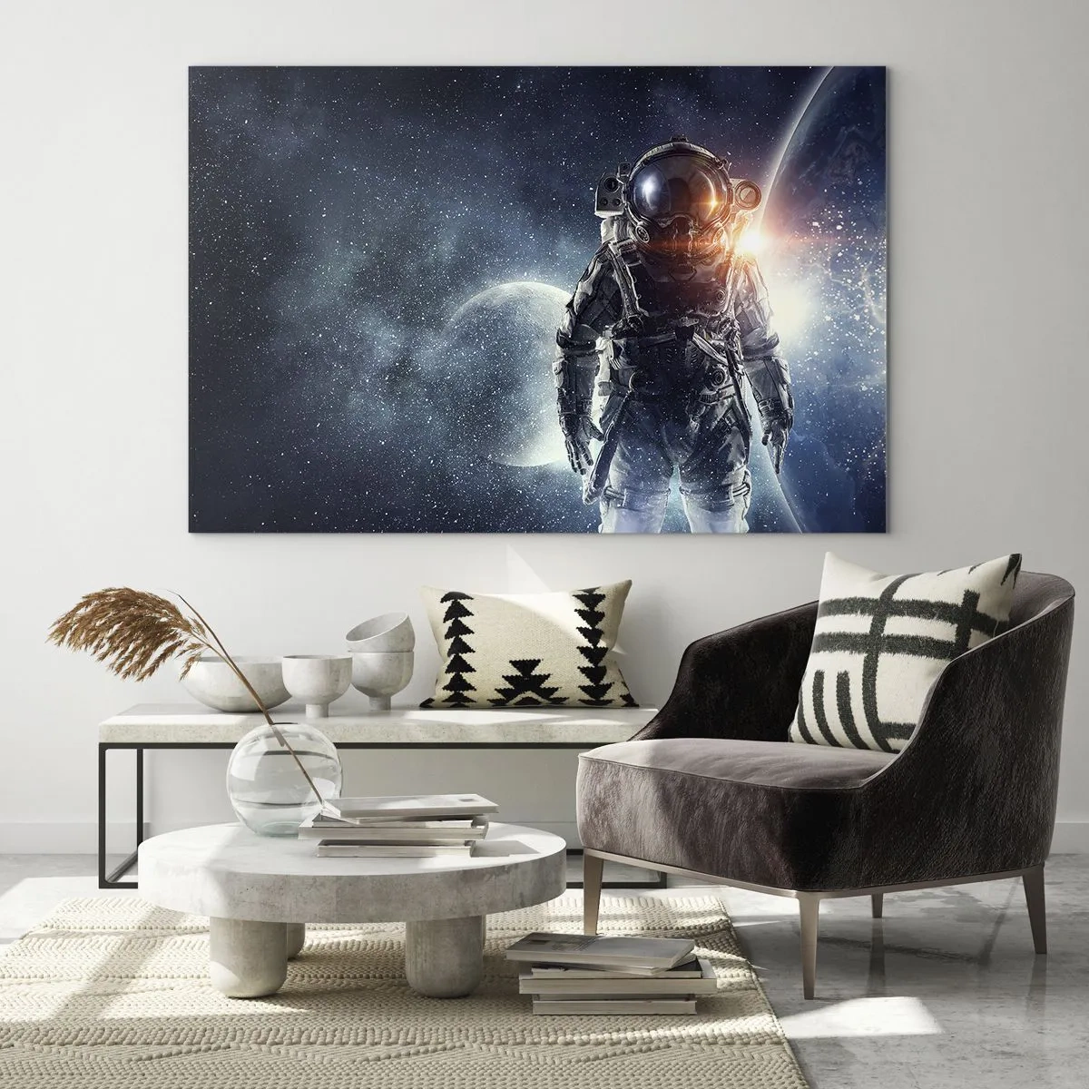 Billede på glas - Astronaut på baggrund af planeter og stjerner - 70x50cm - Et kosmisk eventyr - Moderne vægdekoration til stue og soveværelse ARTTOR