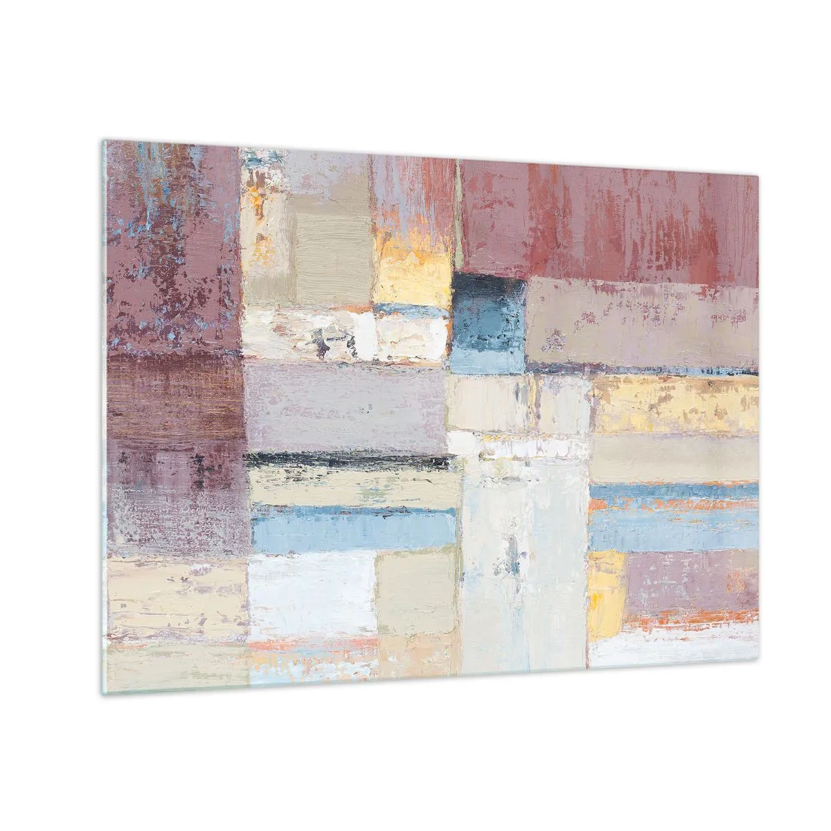 Billede på glas - Abstrakt geometrisk komposition i pastelfarver - 70x50cm - Geometriens ro - Moderne vægdekoration til stue og soveværelse ARTTOR