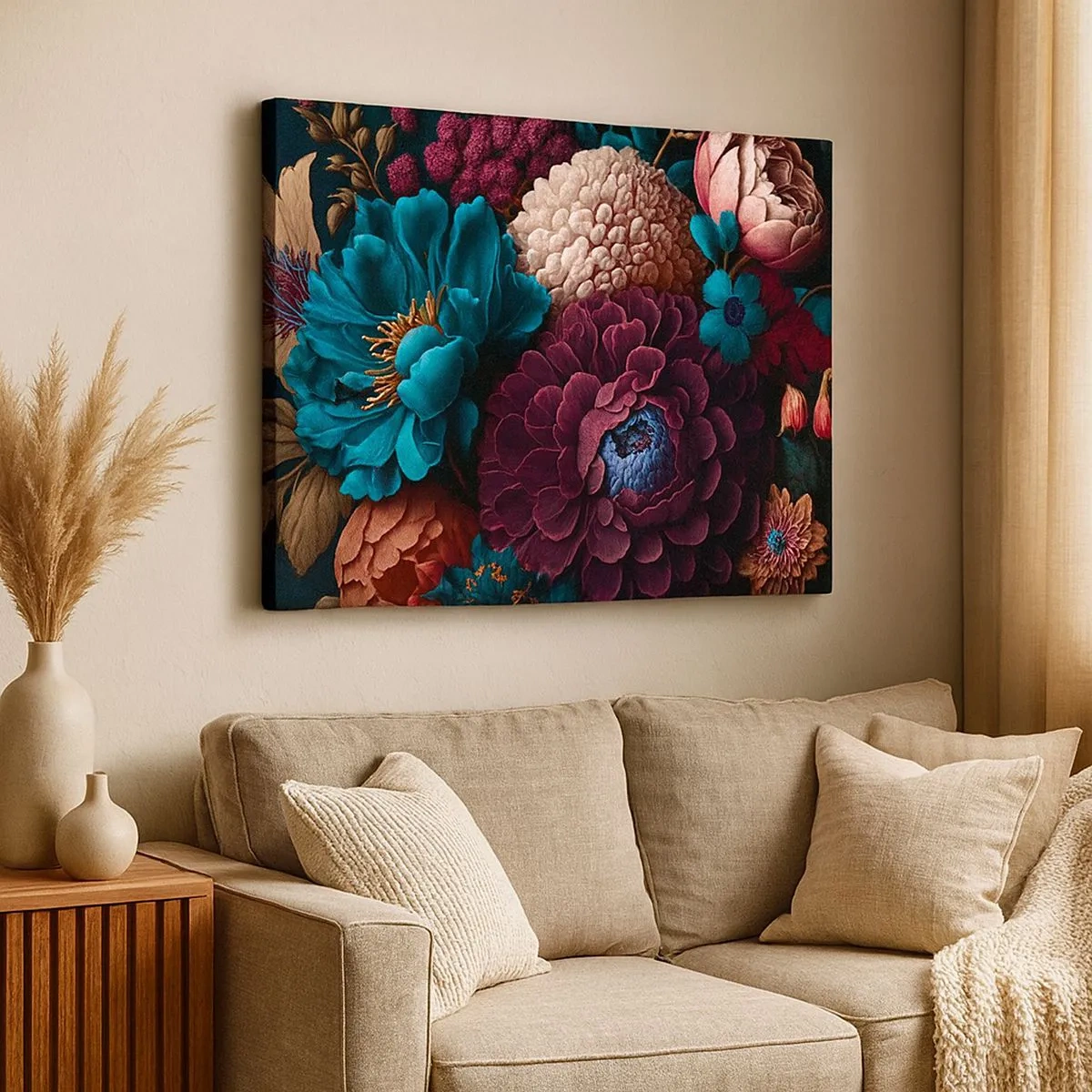 Lærredstryk - Billede på lærred - En buket blomster i intense farver på en mørk baggrund - 70x50cm - Natur i overflod - Moderne vægdekoration til stue og soveværelse ARTTOR