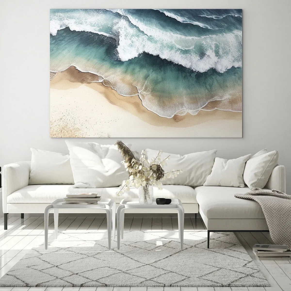 Billede på glas - Havbølger, der slår ind på en gylden sandstrand - 70x50cm - Et evigt møde - Moderne vægdekoration til stue og soveværelse ARTTOR