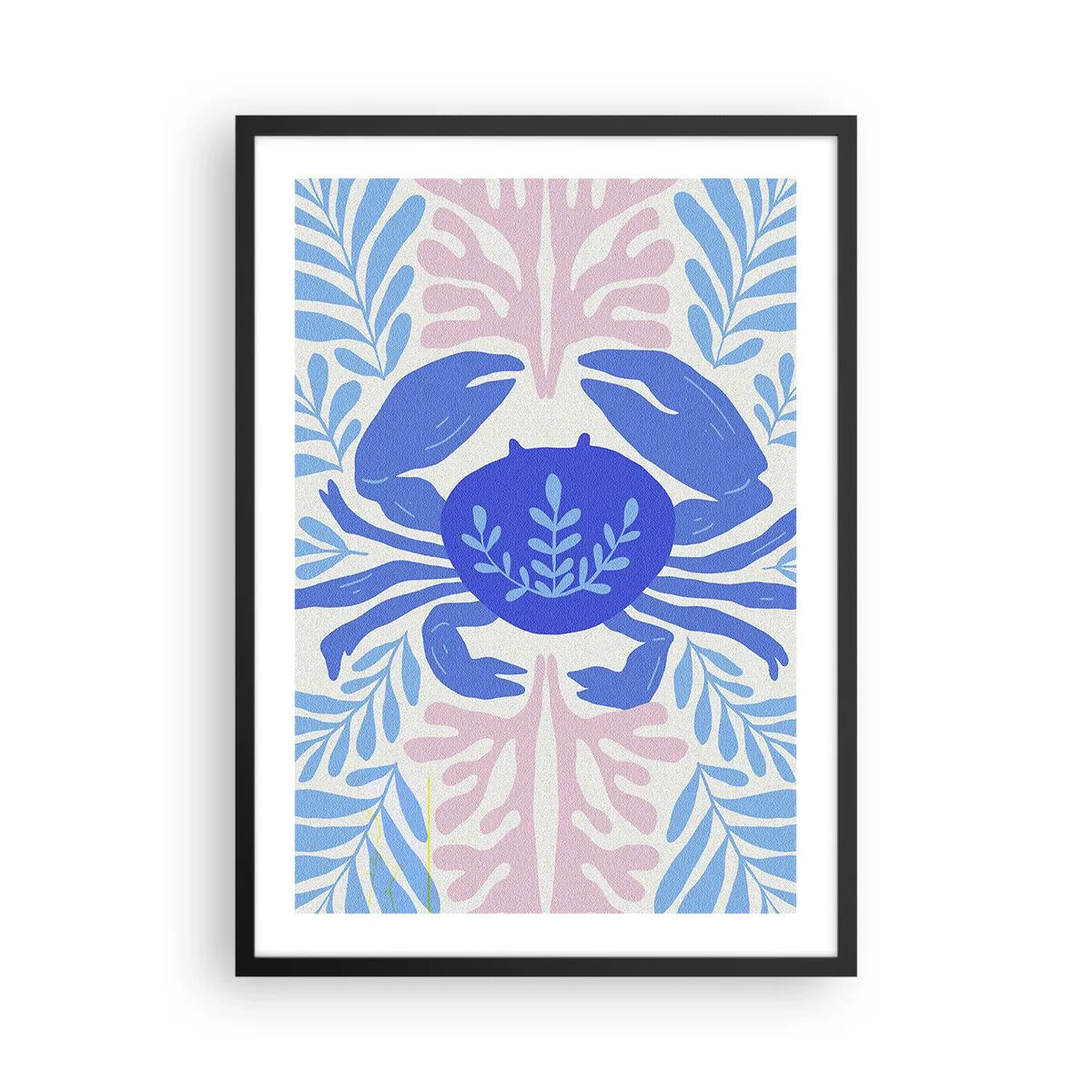 Plakat i sort ramme - En dekorativ blå krabbe omgivet af havplanter. - 50x70cm - Som en havblomst - Moderne vægdekoration til stue og soveværelse ARTTOR